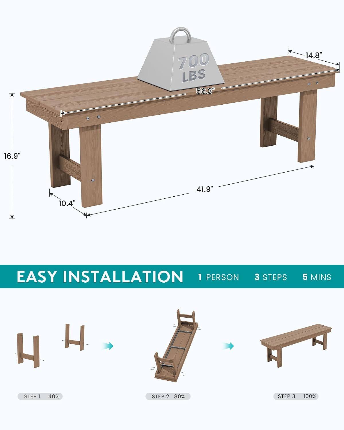 700 LBS 56.3"  
14.8"  
16.9"  
41.9%  
10.4"  
EASY INSTALLATION 1 PERSON  
3 STEPS  
5 MINS  
H  
H  
STEP 1 40%  
STEP 2 80%  
STEP 3 100%