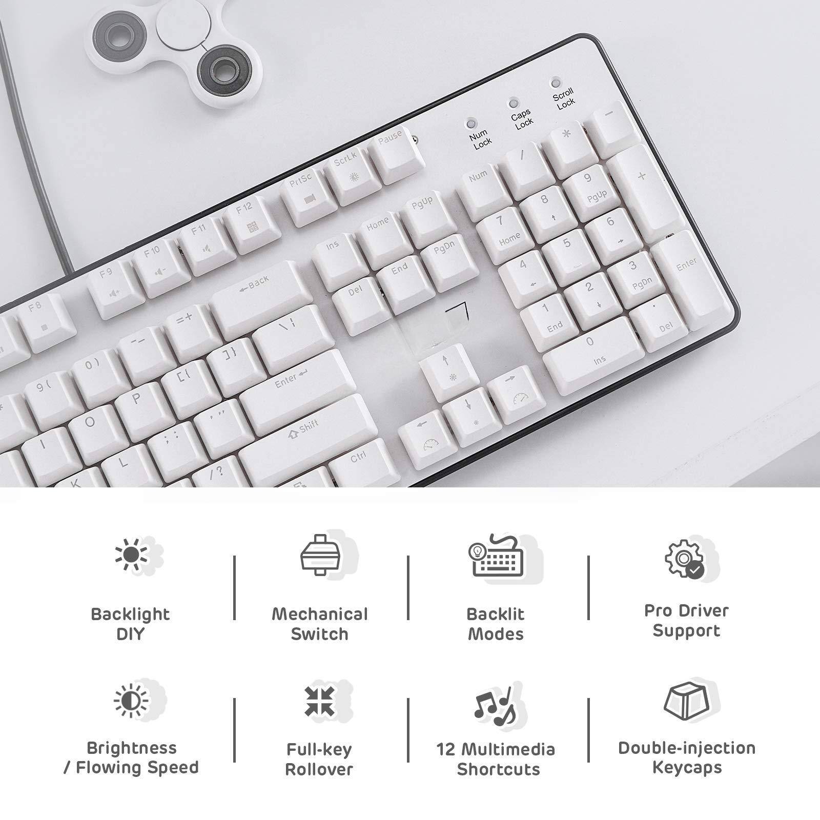 Sure, here is the corrected and grouped text from the image:

---

**Keyboard Features:**

- Backlight DIY
- Mechanical Switch
- Brightness / Flowing Speed
- Full-key Rollover
- Backlit Modes
- Pro Driver Support
- 12 Multimedia Shortcuts
- Double-injection Keycaps

**Keyboard Layout:**

- 3 - FB
- 16
- Sarall Lock
- Caps Lock
- Pause
- Num Lock
- ScrLk
- PItSC
- Num
- PgUp
- 8
- PgUp
- F12
- 7
- 6
- F11
- Home
- F10
- End
- 4
- F9
- Back
- Del
- 2
- 1
- =
- +
- End
- 0
- Ins
- 0
- Enter
- P
- O
- Shift
- L
- Ctrl
- K
- Enter
- PgDn
- Det
- Backlight DIY
- Mechanical Switch
- Backlit Modes
- Pro Driver Support
- Brightness Flowing Speed
- Full-key R