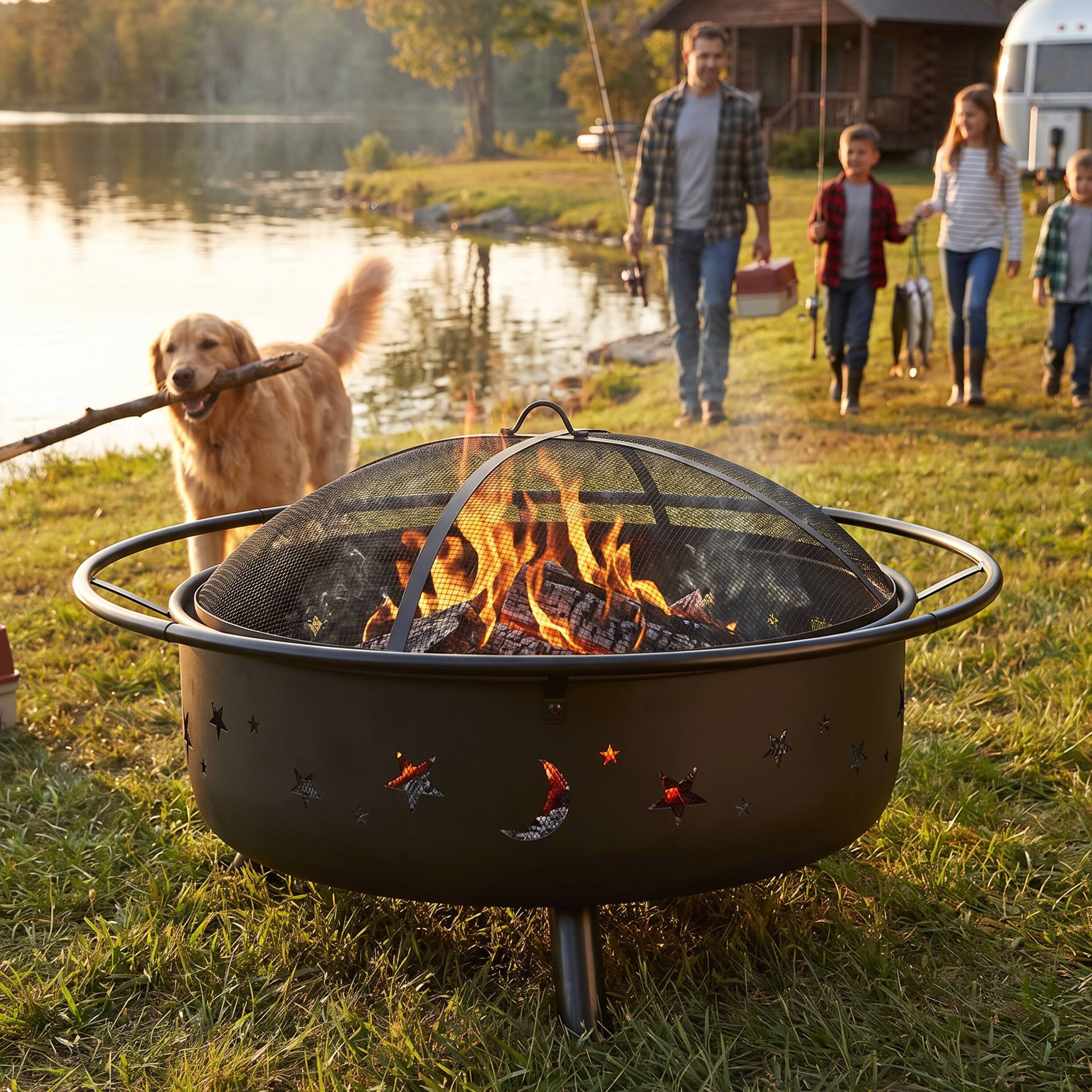 Alt View 10. Sunnydaze - 42 in Cosmic Steel Fire Pit w/Spark Screen/Poker - Black.