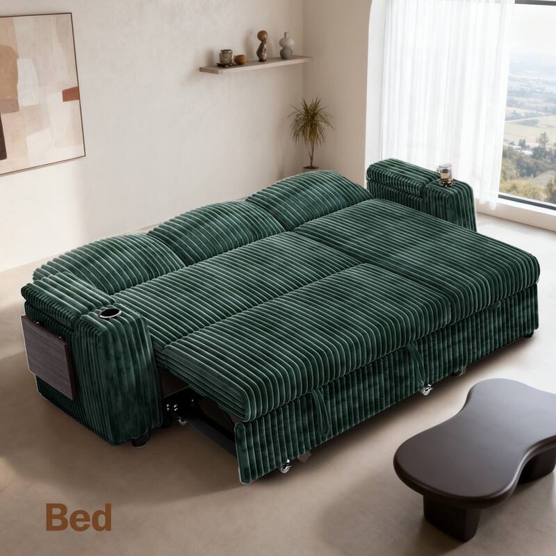 Back. Vipbear - 85" Modular Sectional Sofa with Pull Out Bed,Corduroy Fabric 3 Seat Sectional Sleeper Sofa with Storage,for Living Room - Green.
