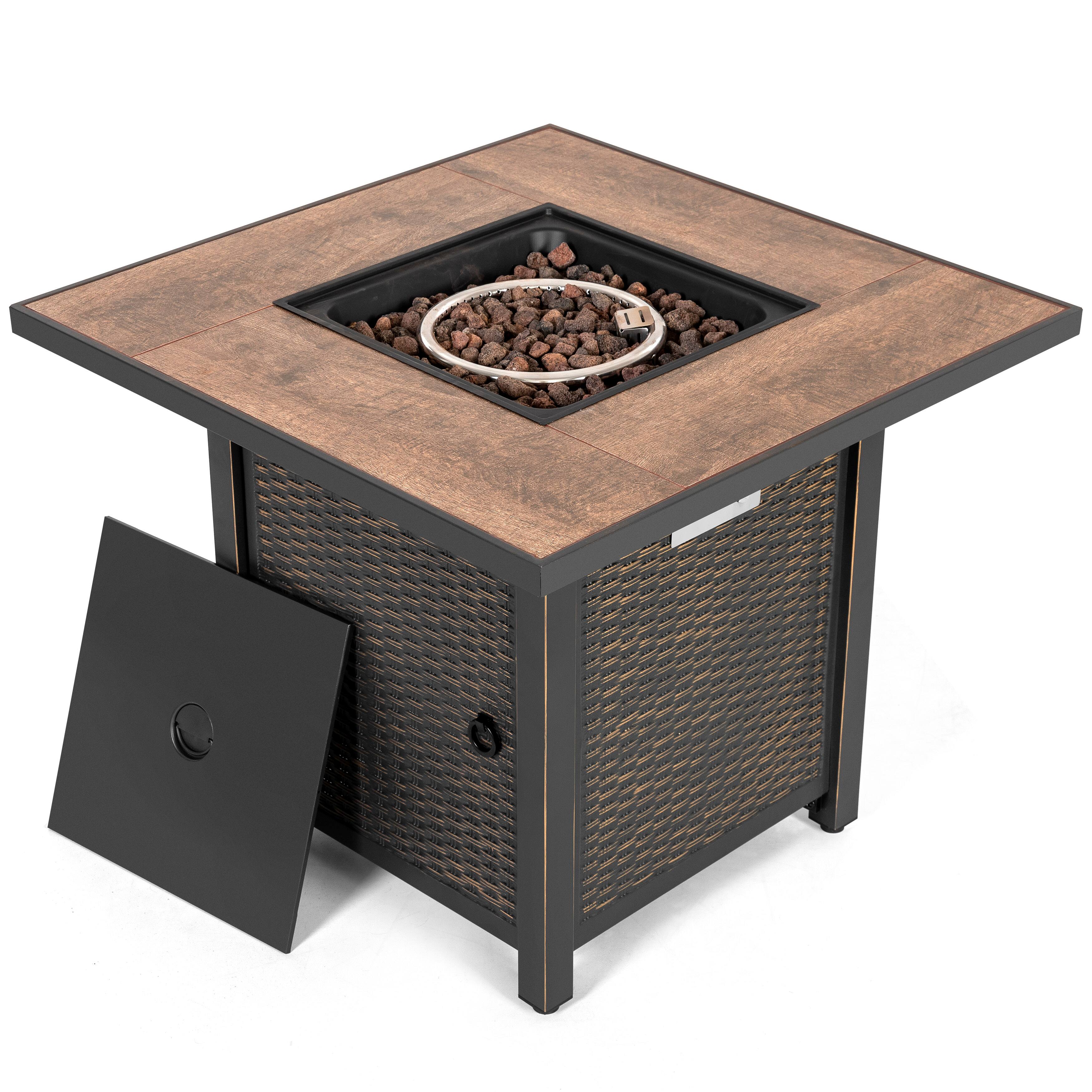Alt View 7. Nuu Garden - 30'' Outdoor Metal Square Propane Gas Fire Pit Table with Lid and Lava Rocks - Black with gold-painted edge, Brown.