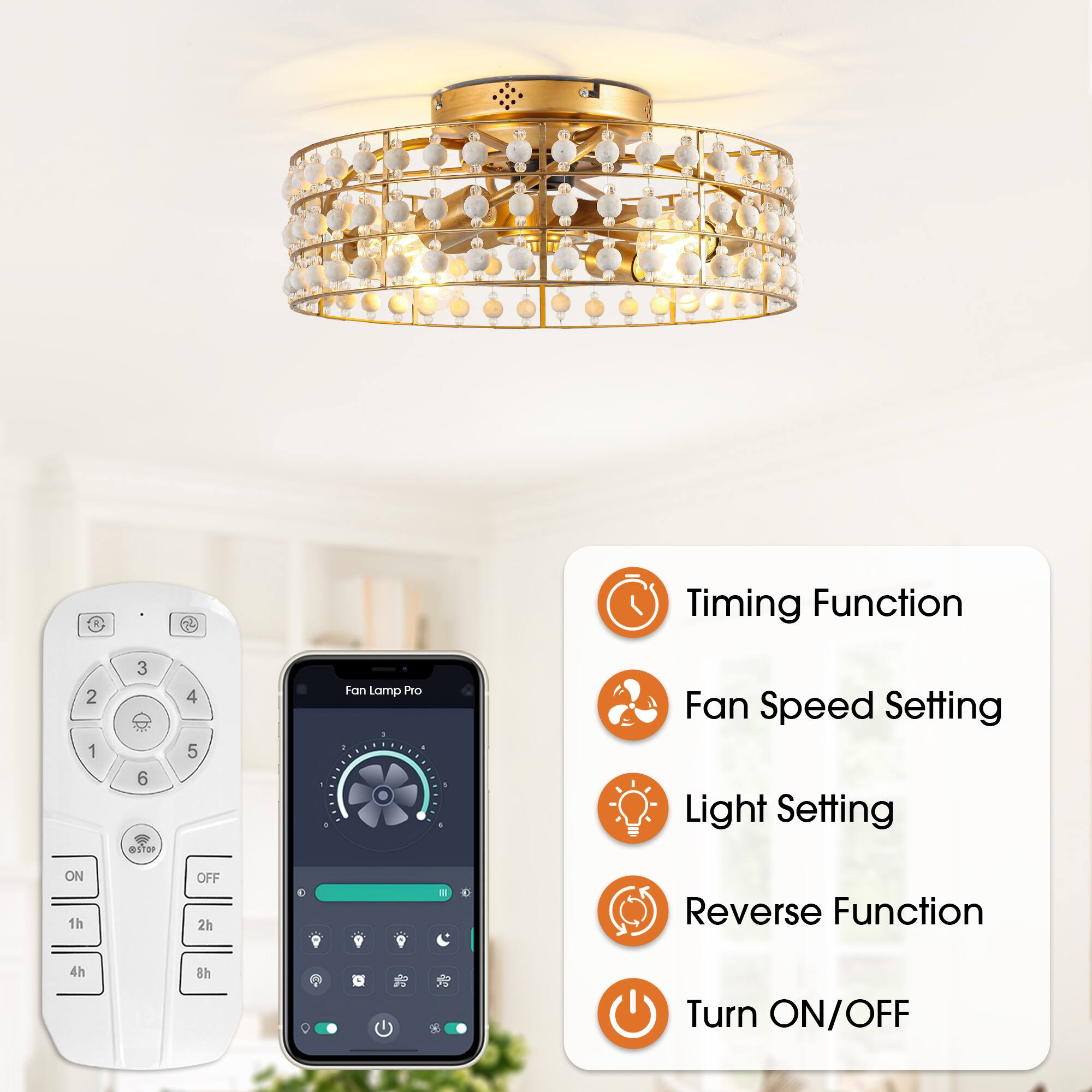 Timing Function  
Fan Speed Setting  
Light Setting  
Reverse Function  
Turn ON/OFF  

1h  
2h  
4h  
8h  

ON  
OFF