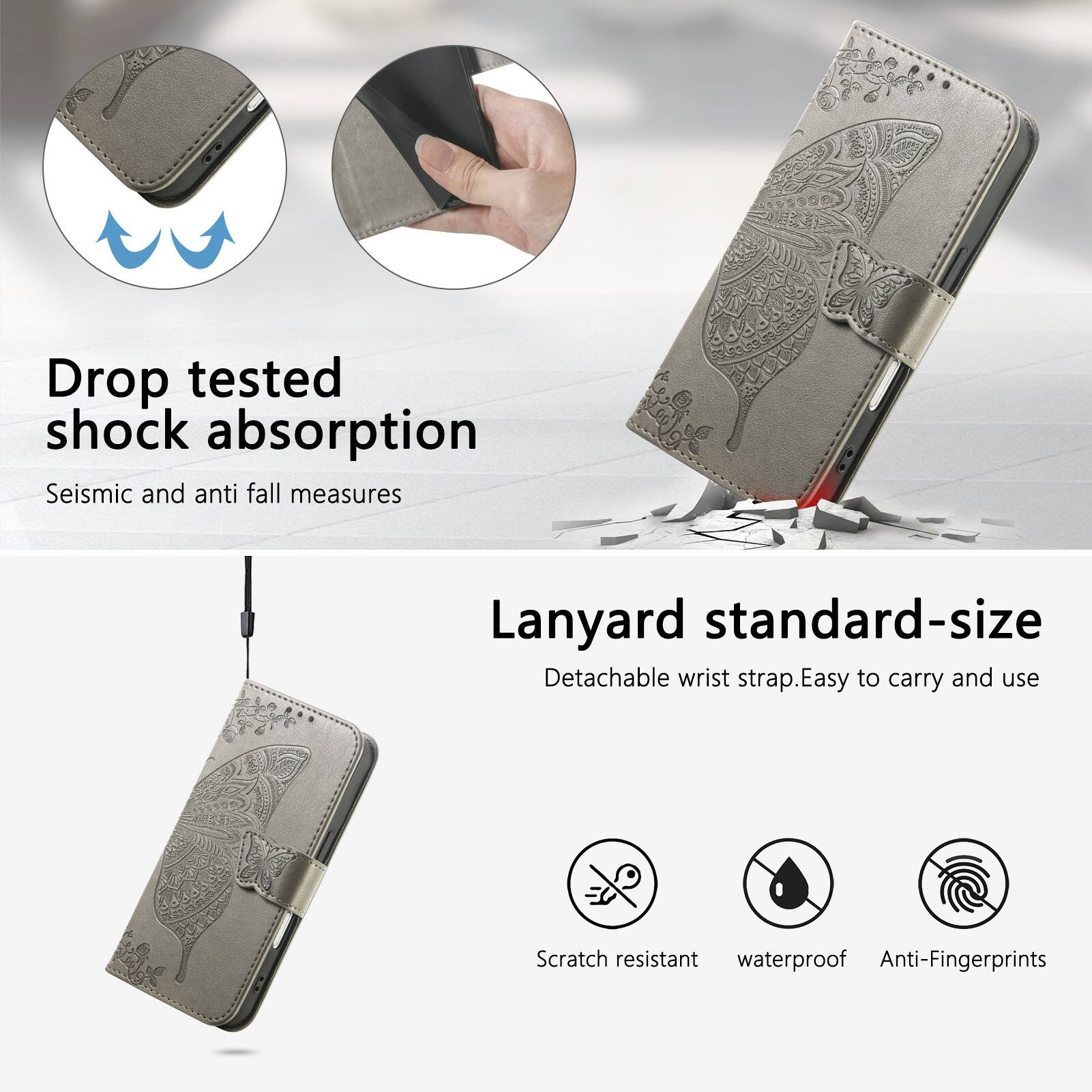 Drop tested shock absorption  
Seismic and anti fall measures  

Lanyard standard-size  
Detachable wrist strap. Easy to carry and use  

Scratch resistant  
Waterproof  
Anti-Fingerprints