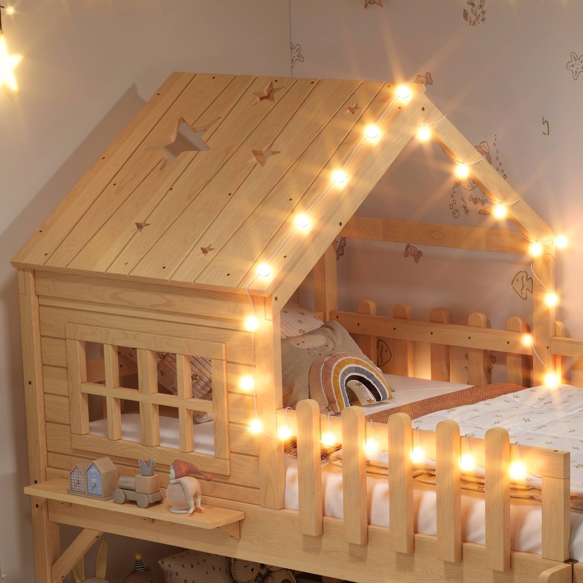 Alt View 4. Boyel Living - Twin Size House Loft Bed with Slide Playhouse Bed with Star Shaped Designs - Brown.