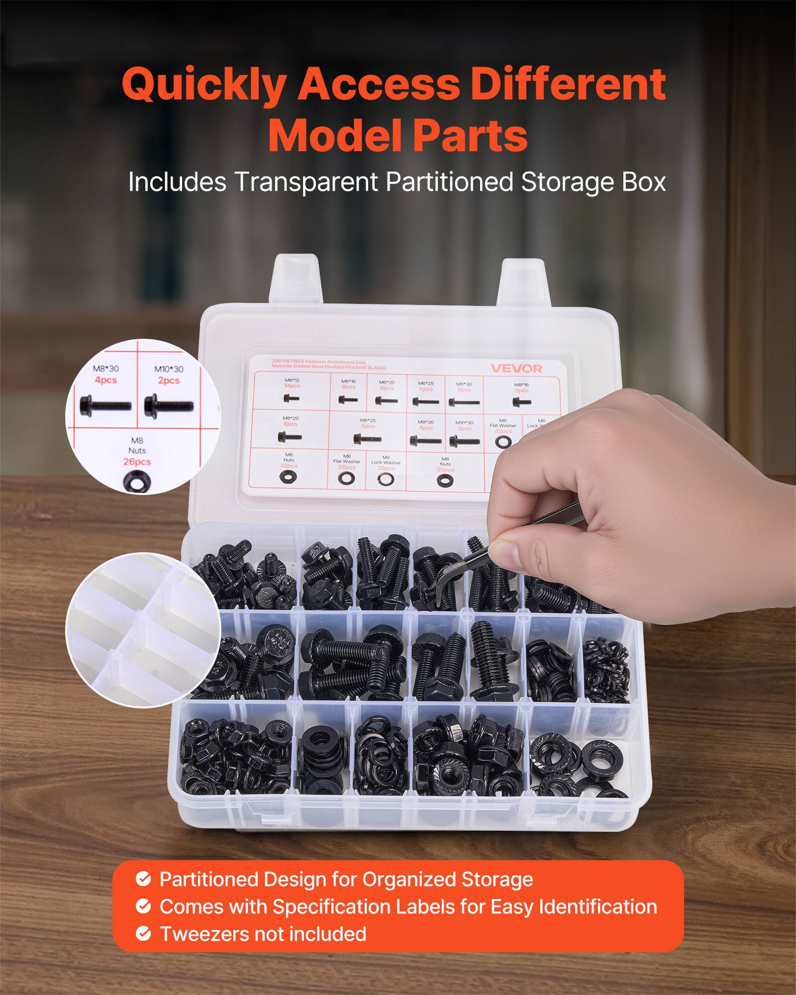 Quickly Access Different Model Parts  
Includes Transparent Partitioned Storage Box

- M8*30 4pcs
- M10*30 2pcs
- M8 Nuts 26pcs

Partitioned Design for Organized Storage  
Comes with Specification Labels for Easy Identification  
Tweezers not included