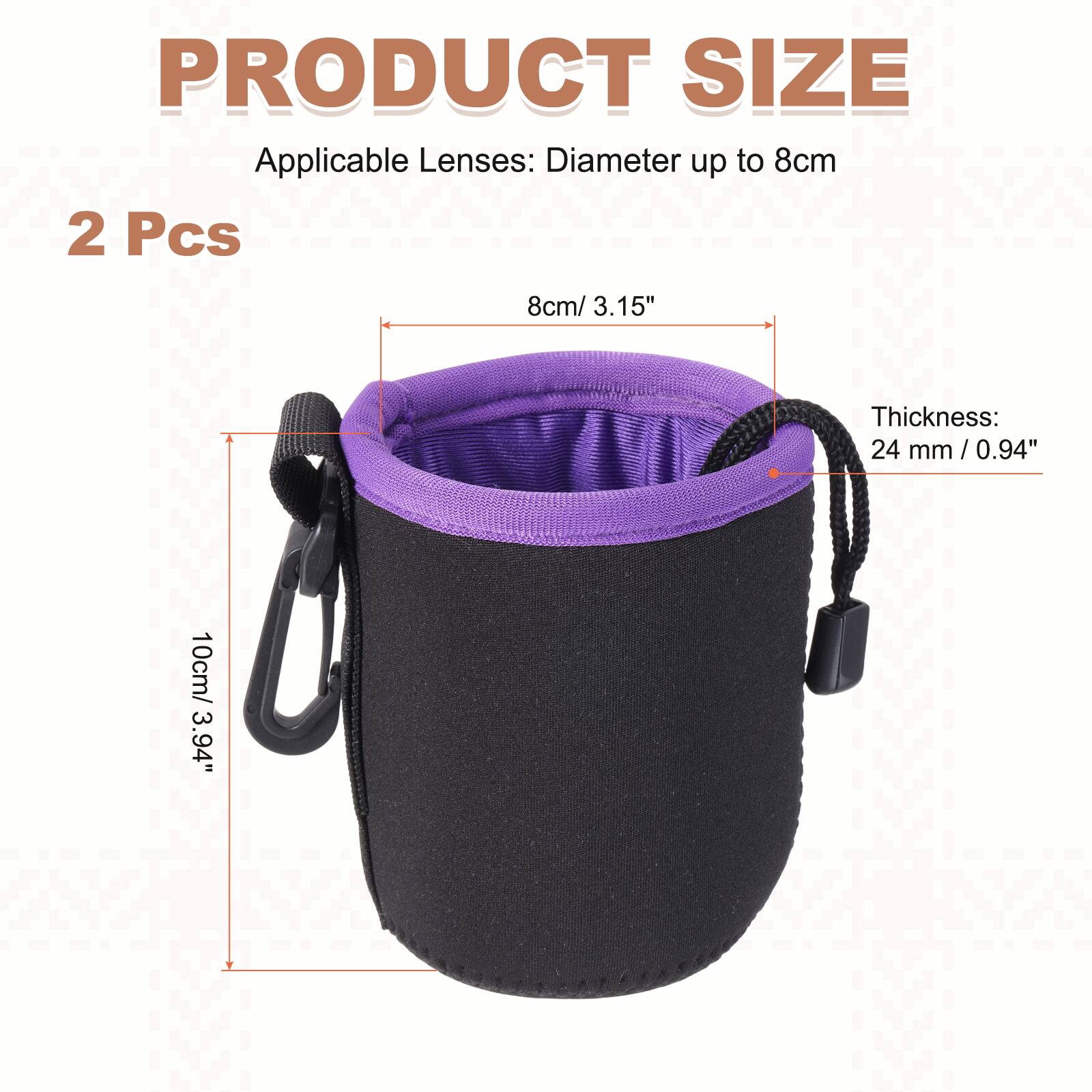 PRODUCT SIZE  
Applicable Lenses: Diameter up to 8cm  
2 Pcs  
8cm / 3.15"  
Thickness: 24 mm / 0.94"  
10cm / 3.94"