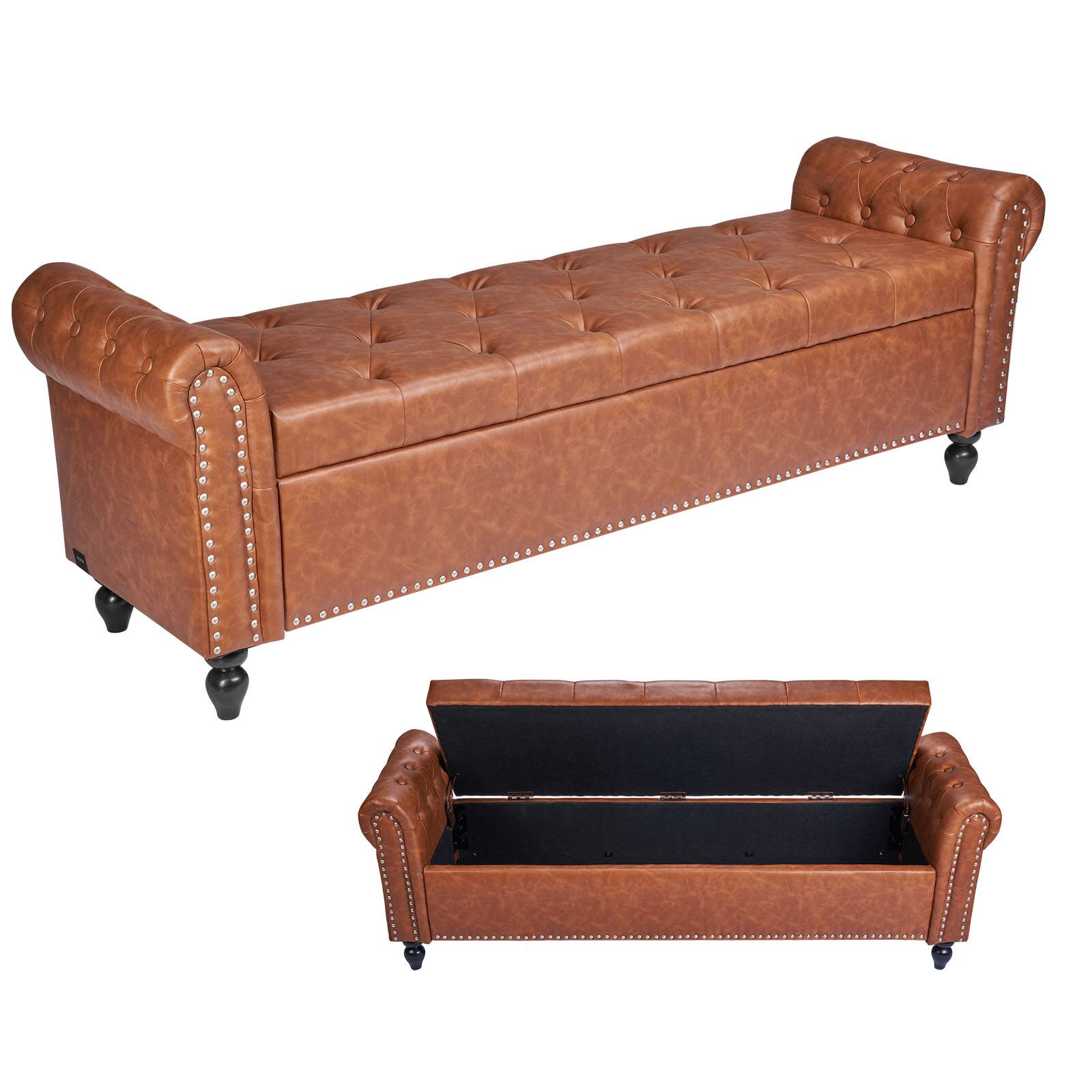 VEVOR - Button-Tufted Storage Ottoman Bench, Rolled Arm PU Leather Bench with Solid Wood Legs, Modern Shoe Benches Seat - Brown