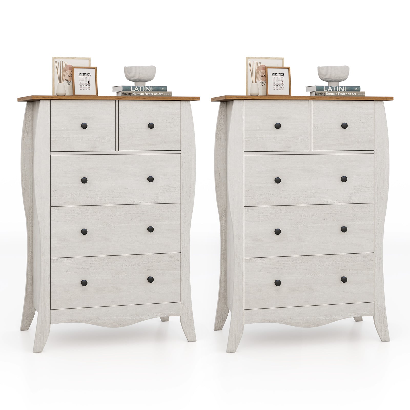 Gymax - 2PCS 38'' Farmhouse Chest of Drawers w/ 5 Folding Fabric Drawers & Anti-tipping Kit - Gray