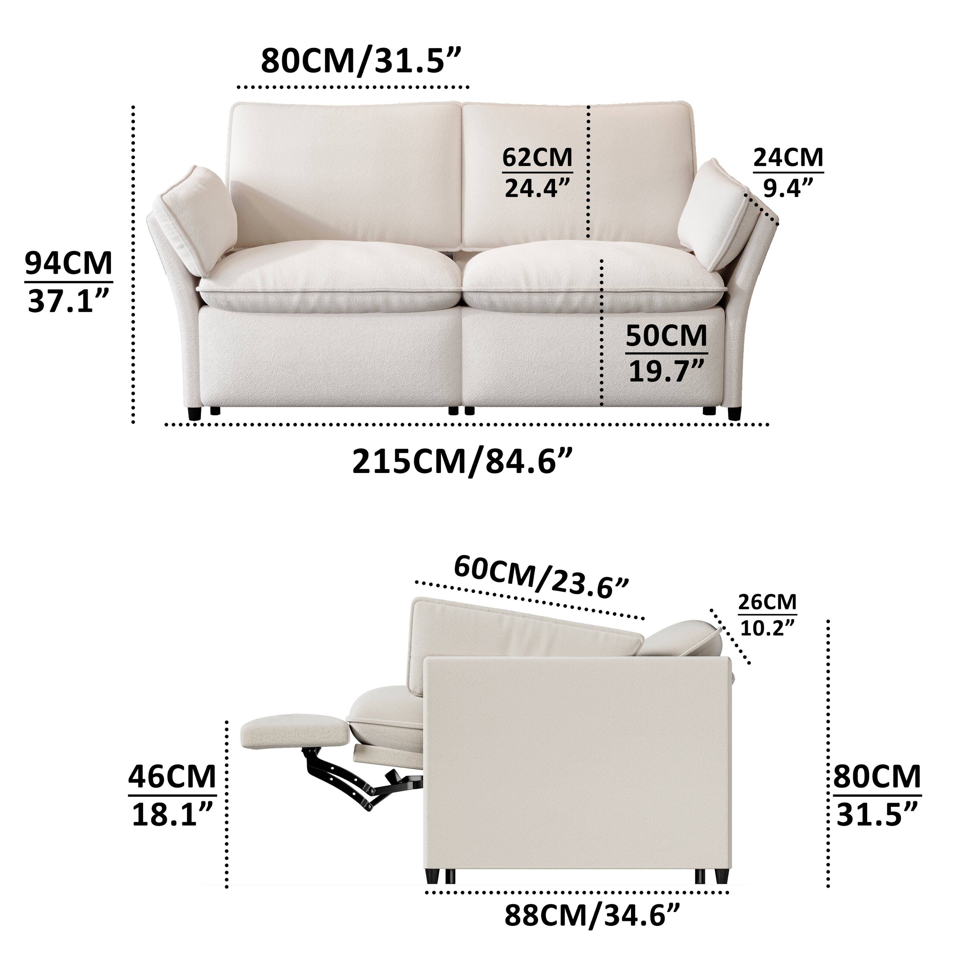 Sure, here is the corrected and grouped text from the image:

- **Dimensions of the Sofa:**
  - Width: 215CM / 84.6"
  - Depth: 94CM / 37.1"
  - Height: 80CM / 31.5"
  - Seat Height: 46CM / 18.1"
  - Seat Depth: 50CM / 19.7"
  - Armrest Height: 62CM / 24.4"
  - Armrest Width: 24CM / 9.4"

- **Dimensions of the Ottoman:**
  - Width: 88CM / 34.6"
  - Depth: 60CM / 23.6"
  - Height: 26CM / 10.2"
  - Seat Height: 80CM / 31.5"