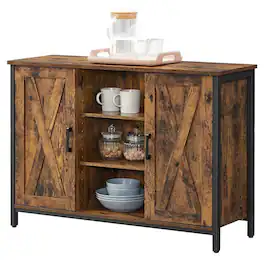 Hivvago - Rustic FarmHome 2 Barn Door Sideboard with Cupboard and Shelves - Rustic Brown, Black