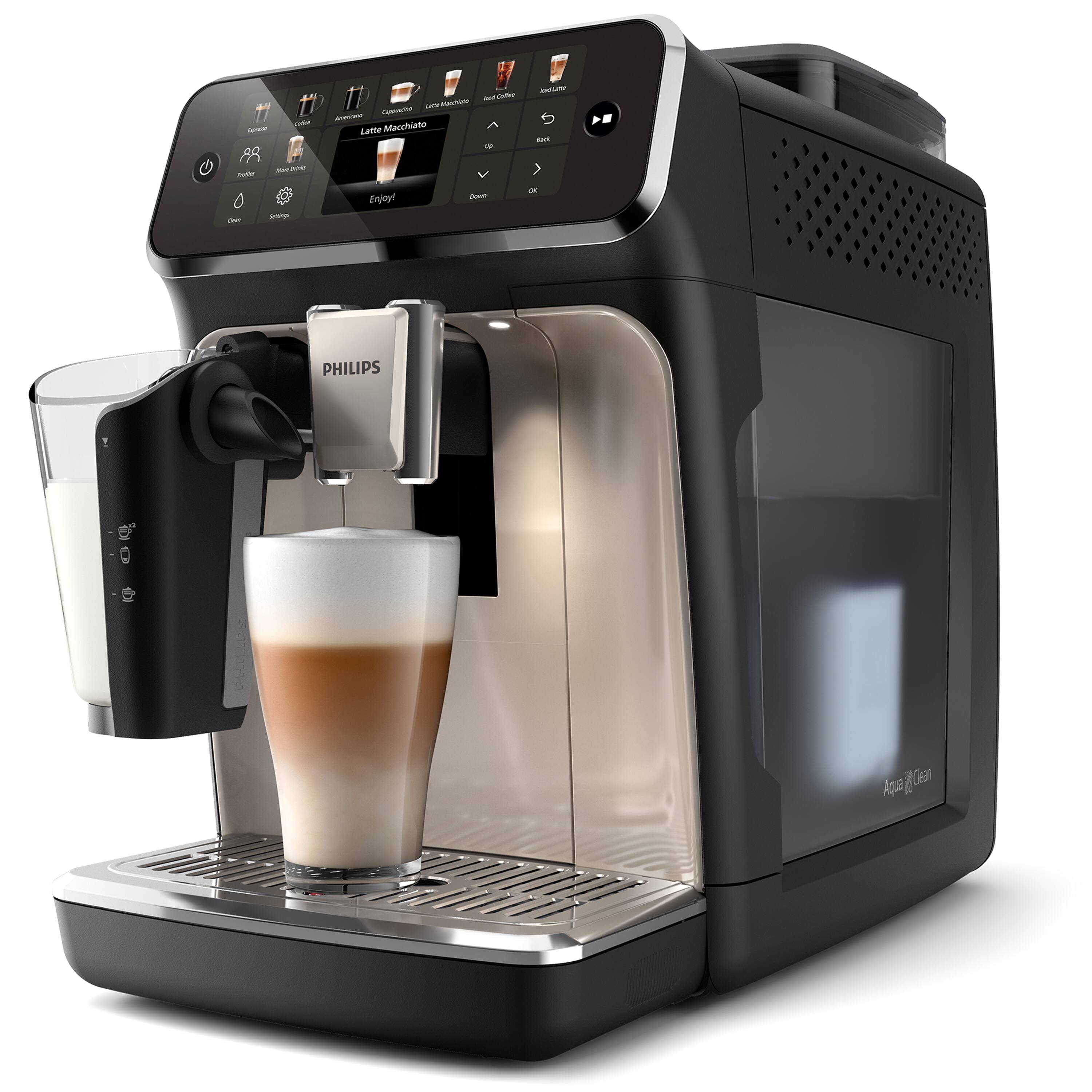 G 87 17 Attr uat 1l i t 17 - - - Macchiato - Latte - AR - a - - H But >. - - Enjoy! - - PHILIPS 2an Aqua f0e