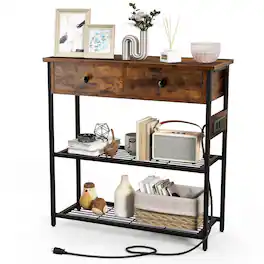 Ecooso - Slim Console Table with 2 Drawers and Dual Metal Mesh Shelves for Hallway - Brown