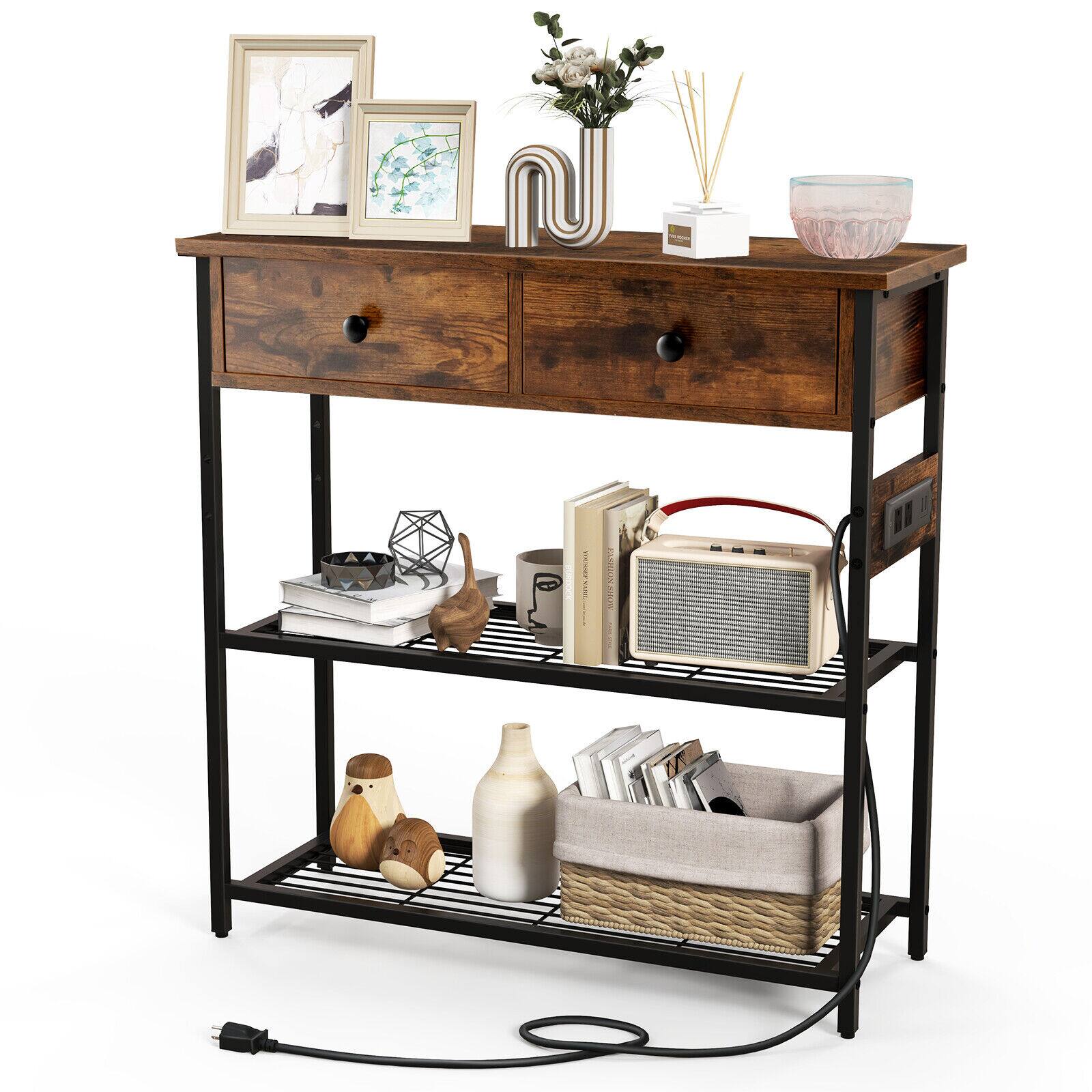 Front. Ecooso - Slim Console Table with 2 Drawers and Dual Metal Mesh Shelves for Hallway - Brown.