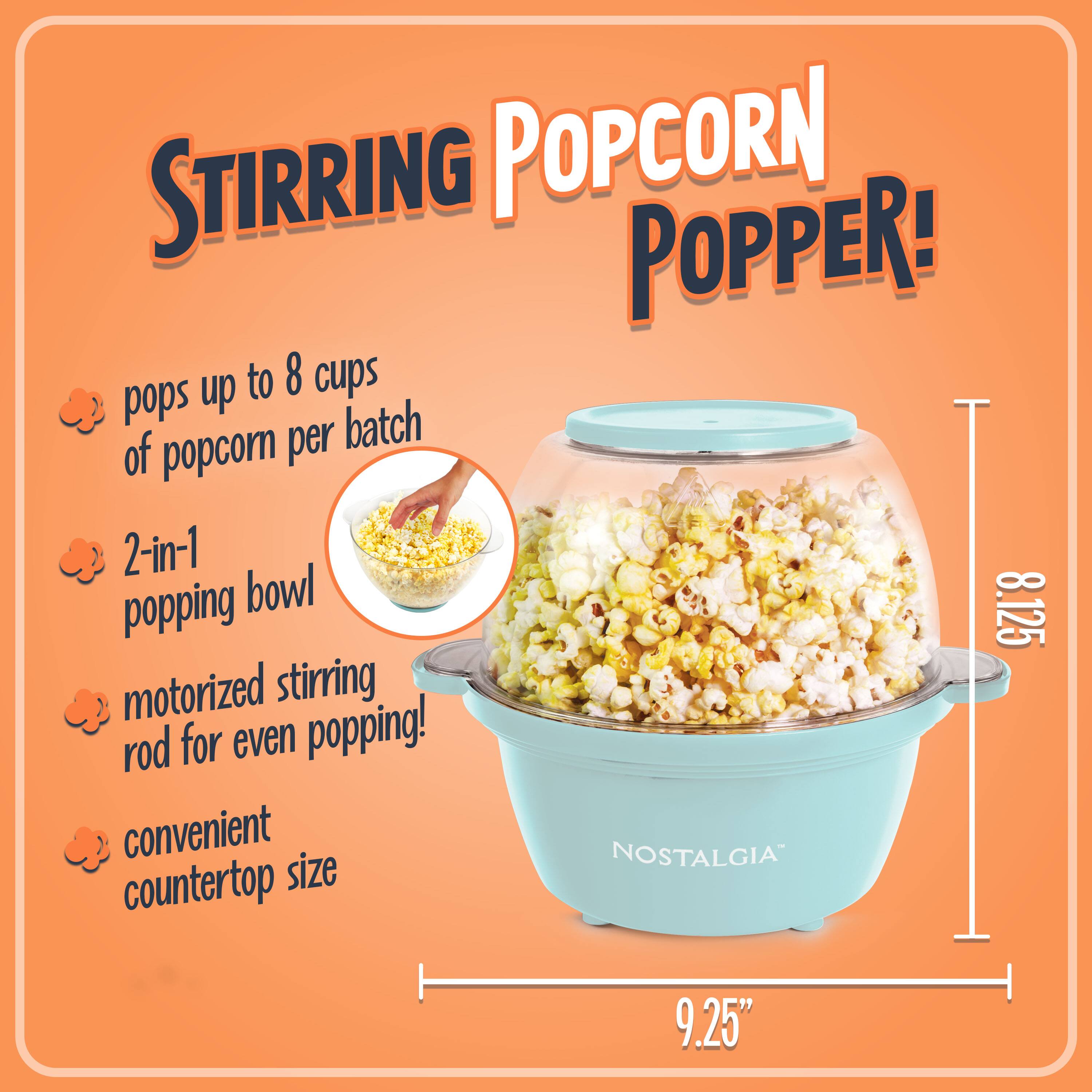 STIRRING POPCORN POPPER!  
- Pops up to 8 cups of popcorn per batch  
- 2-in-1 popping bowl  
- Motorized stirring rod for even popping!  
- Convenient countertop size (9.25" x 8.125")  
- Nostalgia