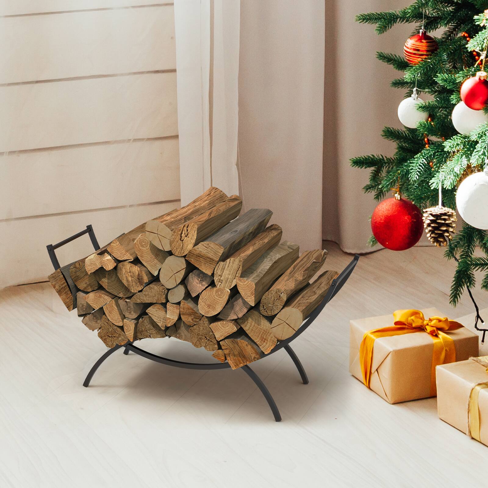 Alt View 1. Oumilen - 37 Inch Firewood Rack, Heavy-Duty Black Metal Log Holder with Double Semi-Circular Frame, Indoor/Outdoor Use - Black.