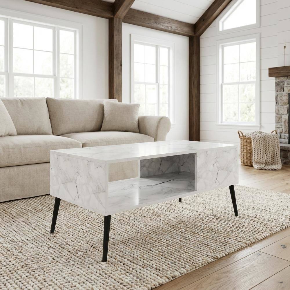 Angle. FurniFact - Marble White Coffee Table with Wood Legs Mid Century Style Design - Marble White.