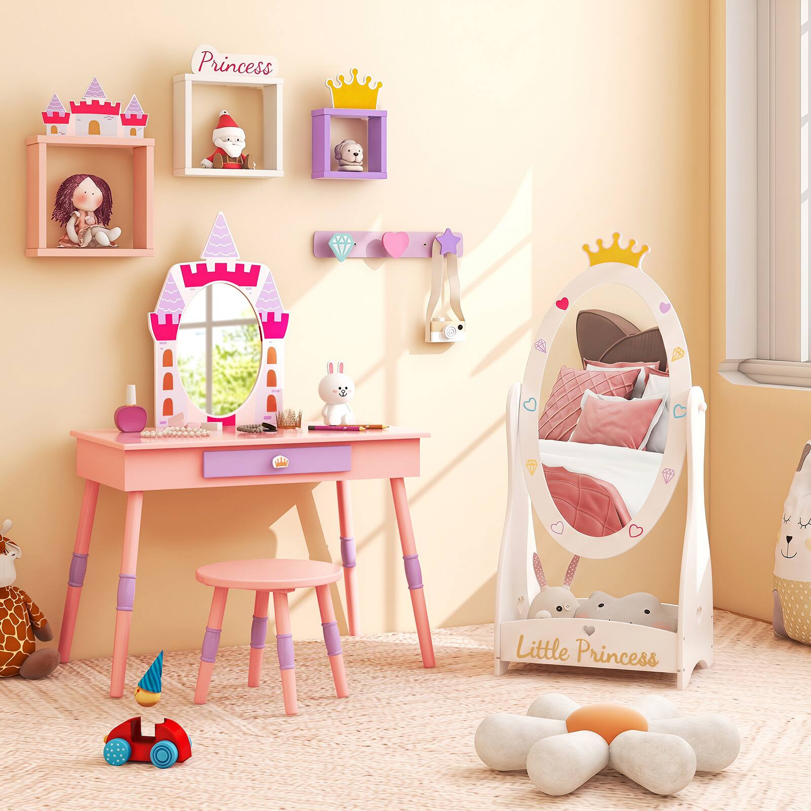 Costway 3 Piece Kids Room Furniture Set with Mirror & Multiple ...