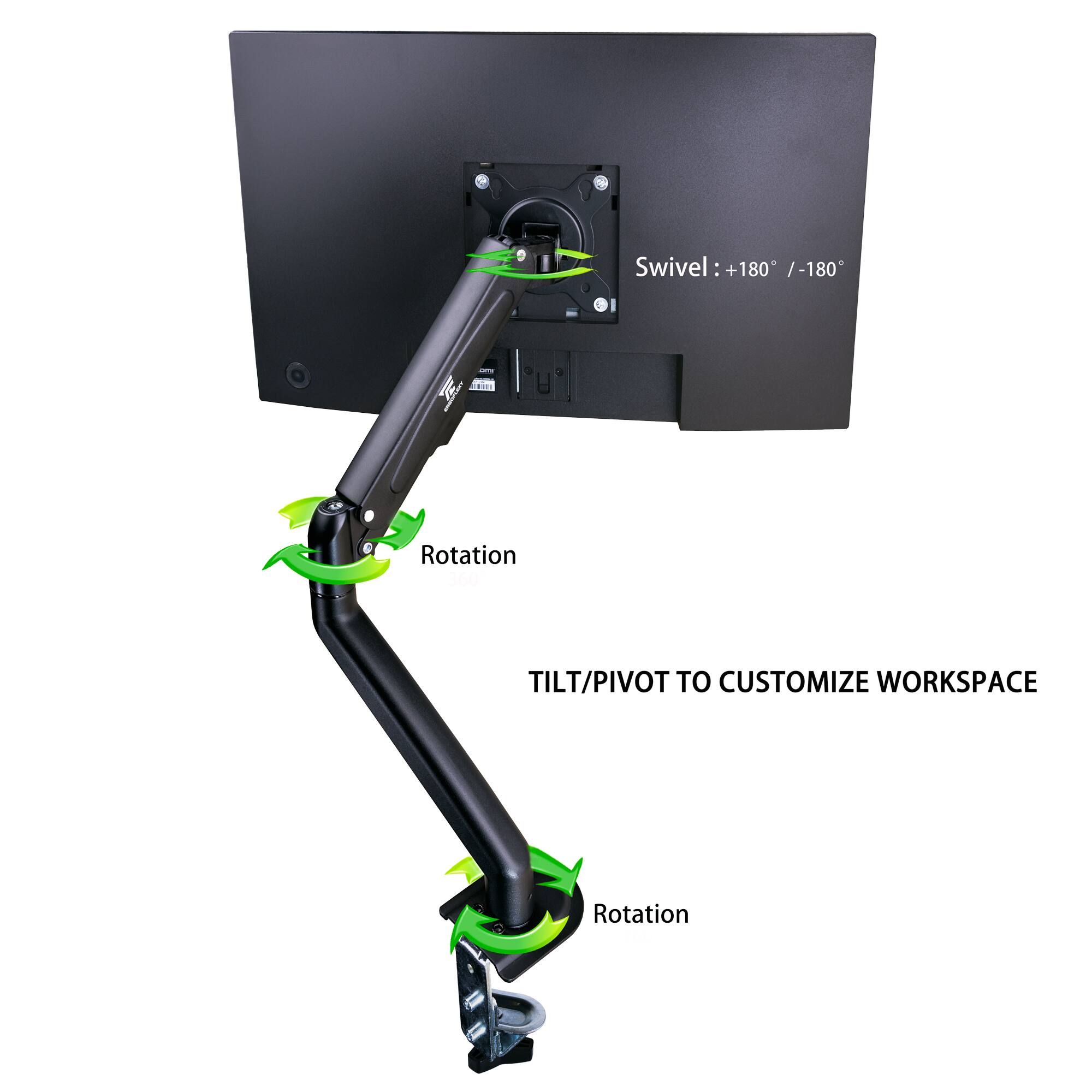 Swivel: +180° / -180°  
Rotation  
TILT/PIVOT TO CUSTOMIZE WORKSPACE  
Rotation
