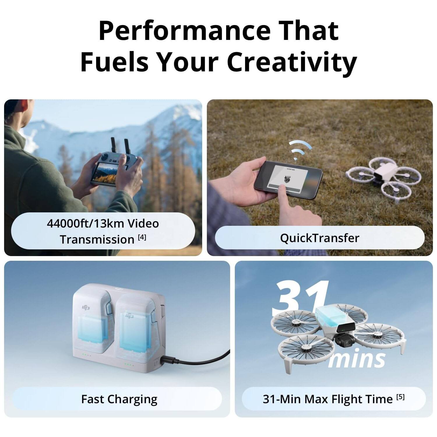 Performance That Fuels Your Creativity

- 44000ft/13km Video Transmission [4]
- QuickTransfer
- Fast Charging
- 31-Min Max Flight Time [5]