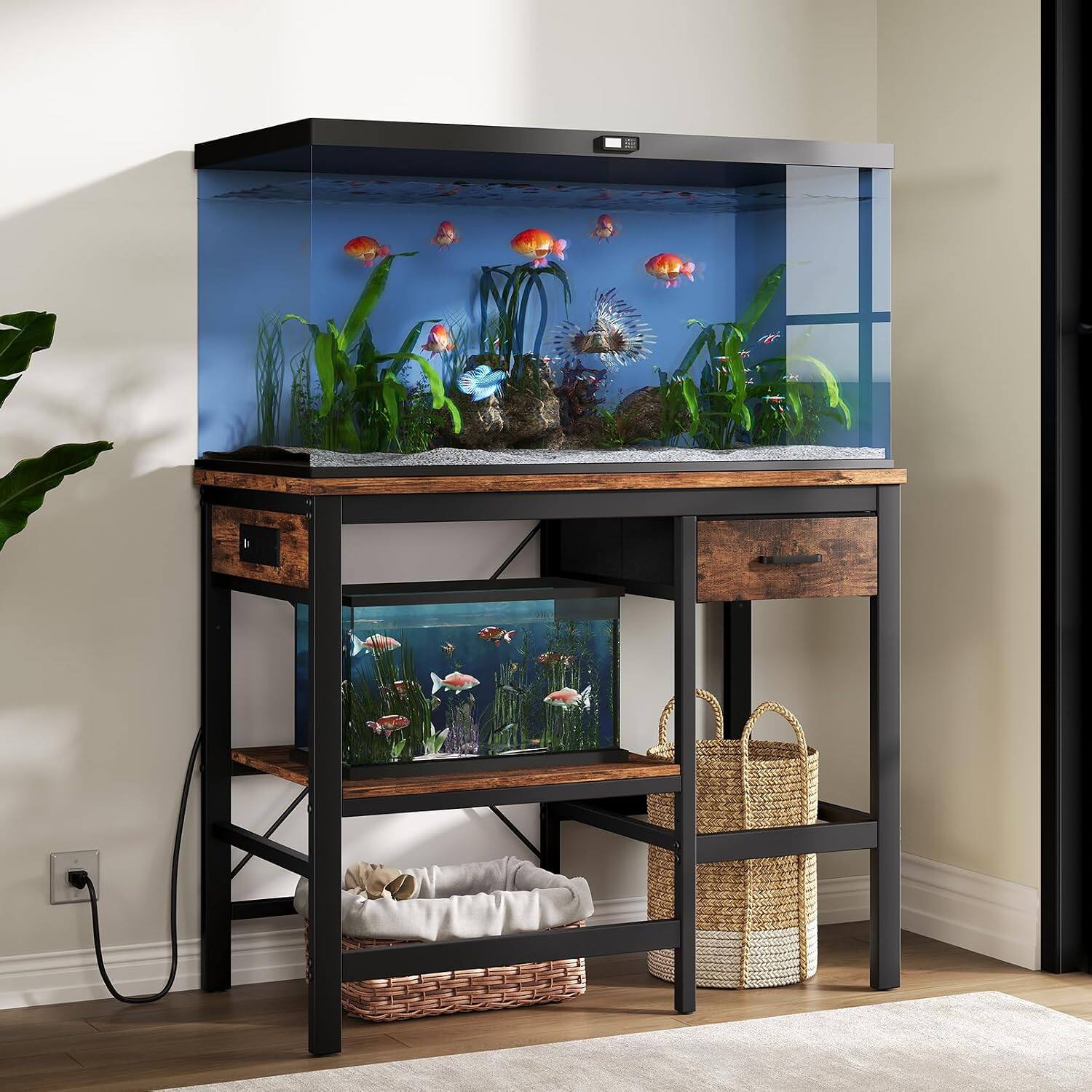 Alt View 5. Vividwood - 40-50 Gallon Aquarium Stand with Power Outlet, 3-Tier Adjustable Shelves, Storage Drawer, 480 LBS Capacity - Brown.