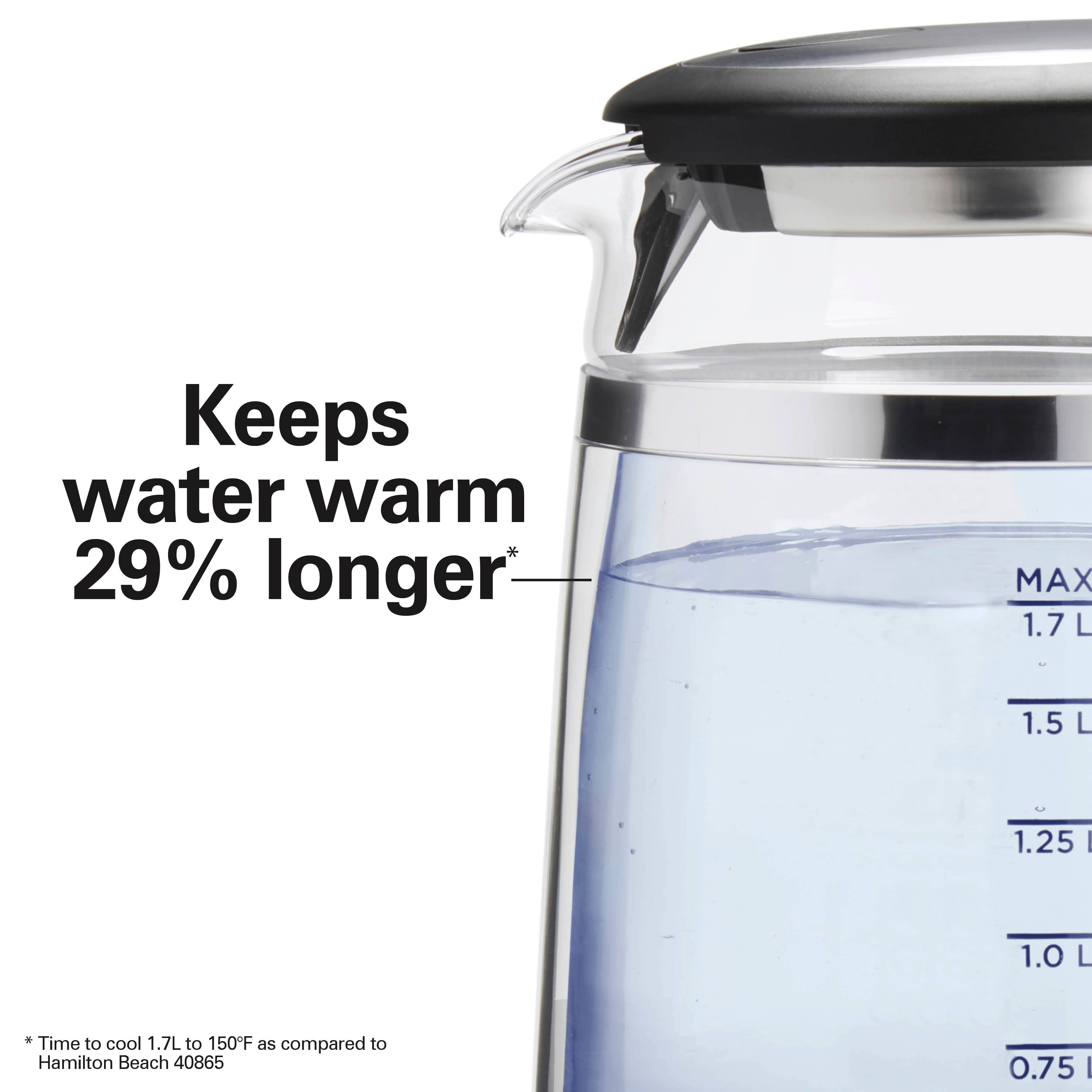 Keeps water warm 29% longer

MAX 1.7L
1.5 L
1.25 L
1.0 L
0.75 L

*Time to cool 1.7L to 150°F as compared to Hamilton Beach 40865