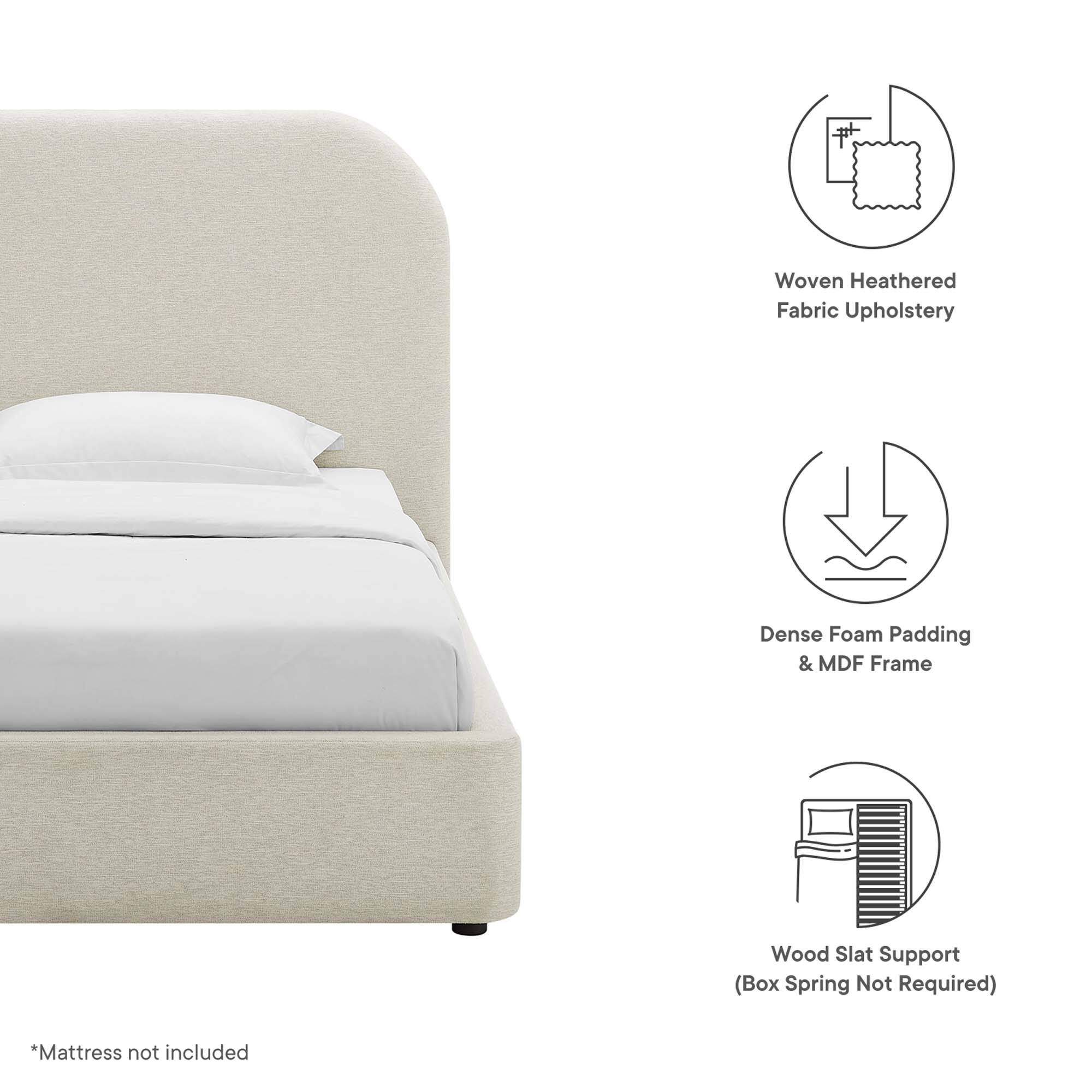 - Woven Heathered Fabric Upholstery
- Dense Foam Padding & MDF Frame
- Wood Slat Support (Box Spring Not Required)
- *Mattress not included