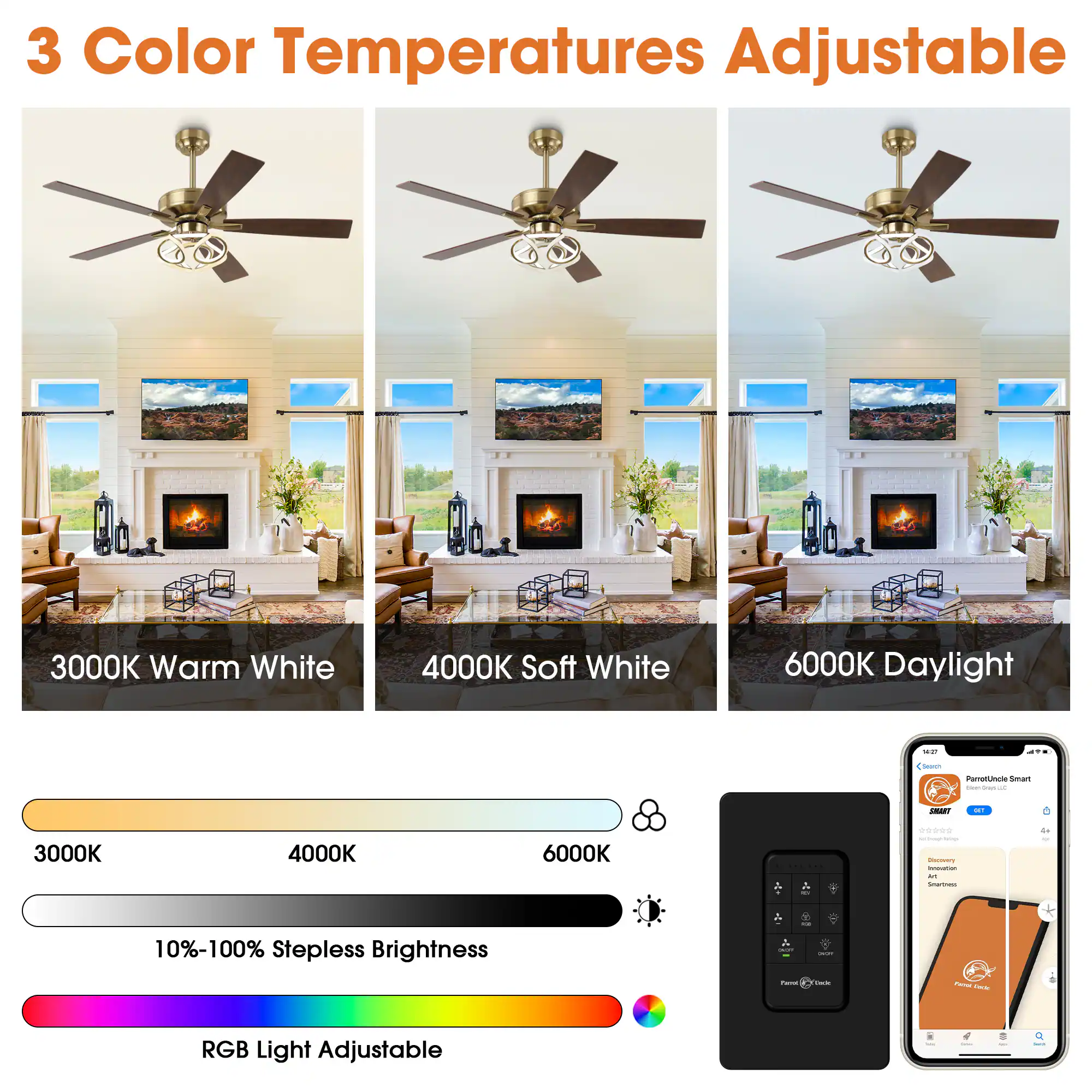 3 Color Temperatures Adjustable

- 3000K Warm White
- 4000K Soft White
- 6000K Daylight

10%-100% Stepless Brightness

RGB Light Adjustable