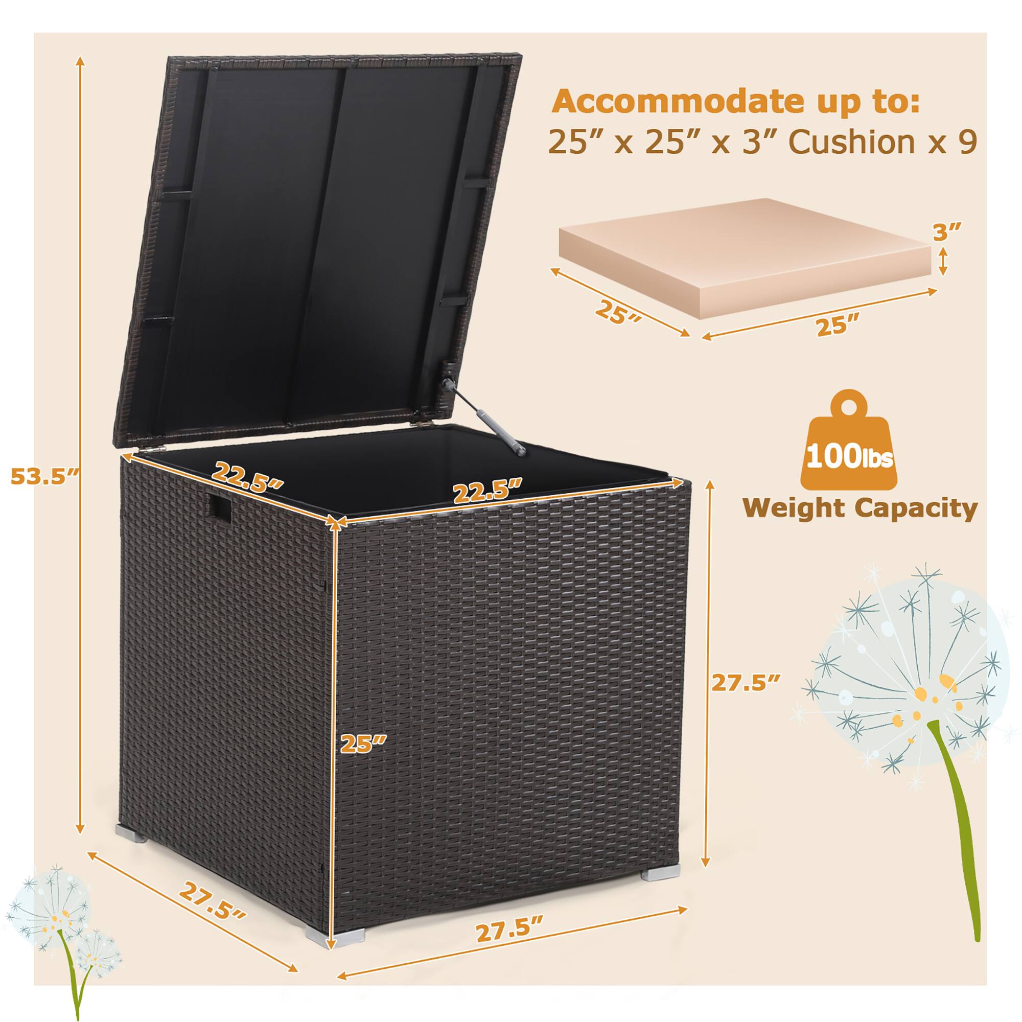 Accommodate up to:  
25" x 25" x 3" Cushion x 9  

Weight Capacity: 100 lbs  

Dimensions:  
- Height: 53.5"  
- Width: 27.5"  
- Depth: 27.5"  
- Interior Width: 22.5"  
- Interior Depth: 22.5"  
- Interior Height: 25"