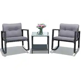 Pefilos - 3 Piece Rocking Bistro Set with Cushioned Sofa , Outdoor Furniture with Rocker Chairs and Coffee Table Set of 3 - Gray