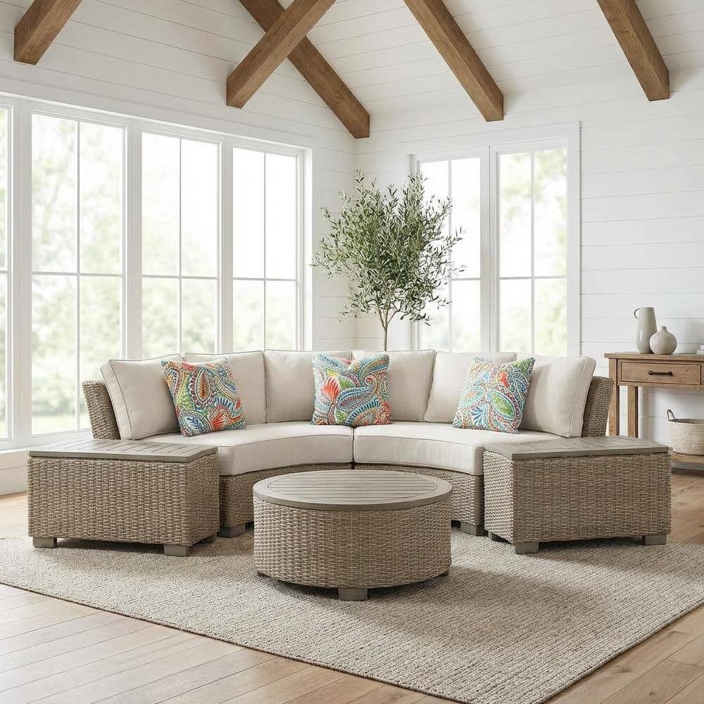 Left. FurniFact - Tan Round Outdoor Coffee Table with Wood Legs and Transitional Design - Tan.