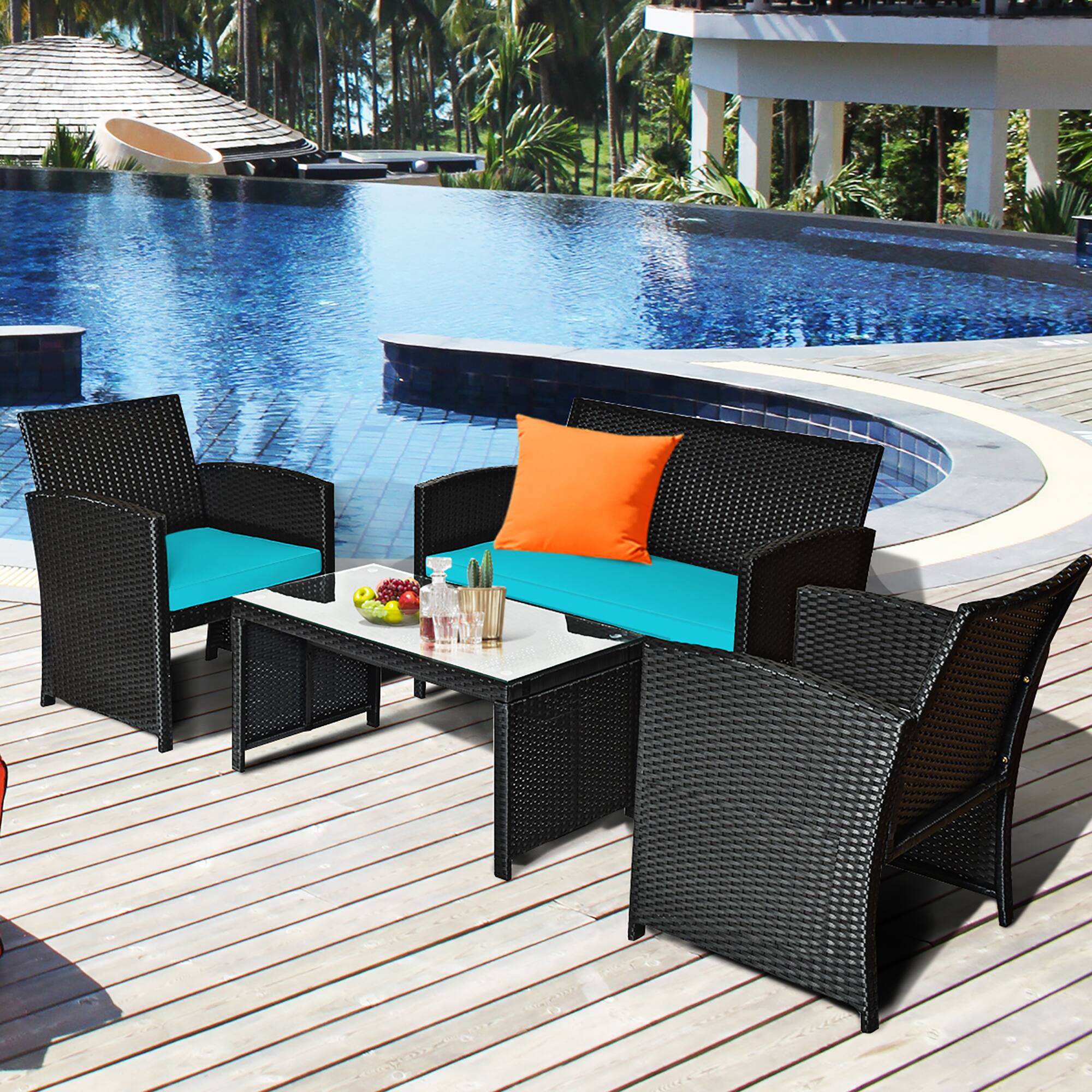 Alt View 1. Costway - Costway 4PCS Patio Rattan Furniture Conversation Set Cushion Sofa Table Garden - Turquoise.