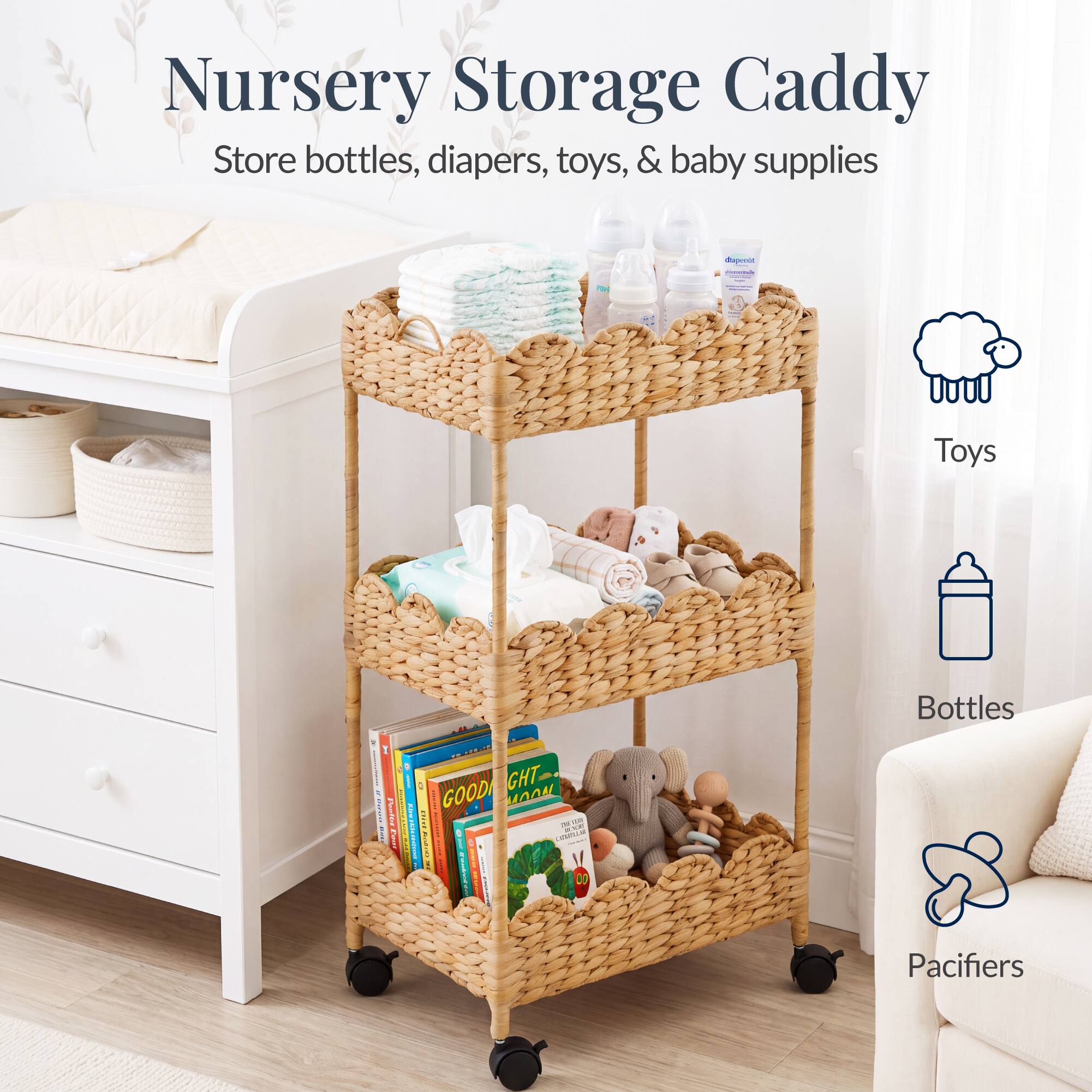 Nursery Storage Caddy  
Store bottles, diapers, toys, & baby supplies  

Toys  
Bottles  
Pacifiers