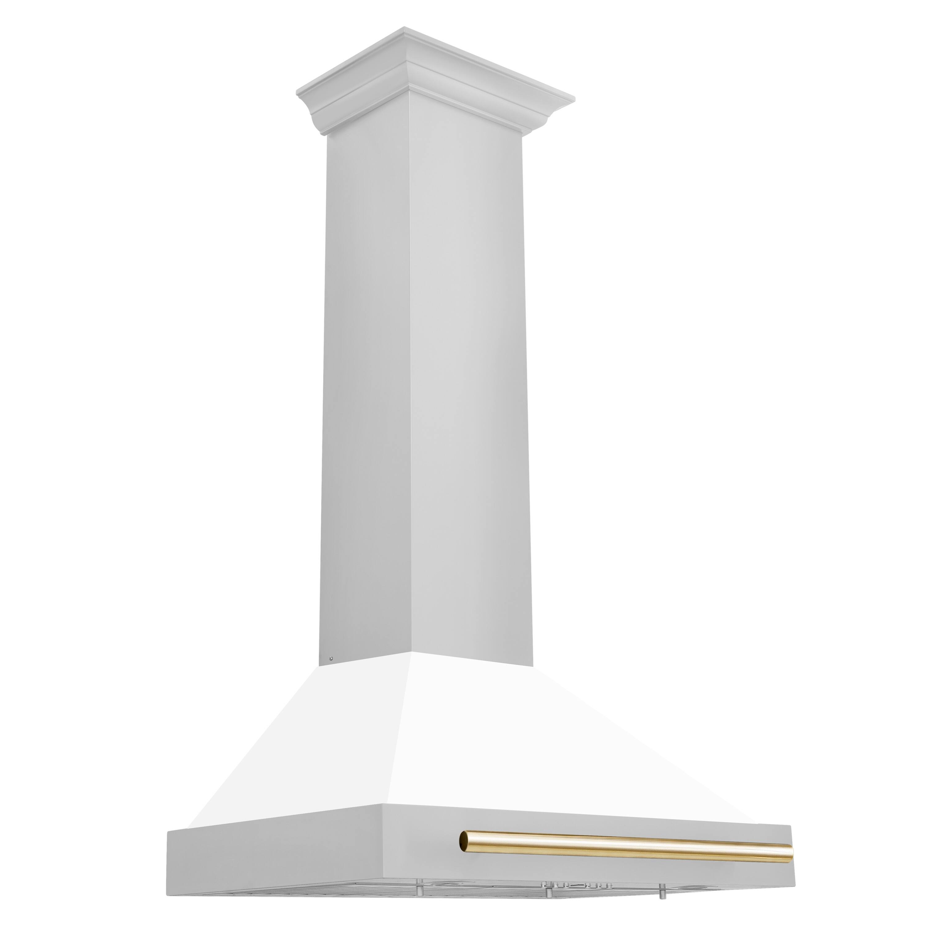 Angle. ZLINE - ZLINE 30 in. Autograph Edition Convertible Stainless Steel Range Hood with White Matte Shell and Polished Gold Accents - White Matte.