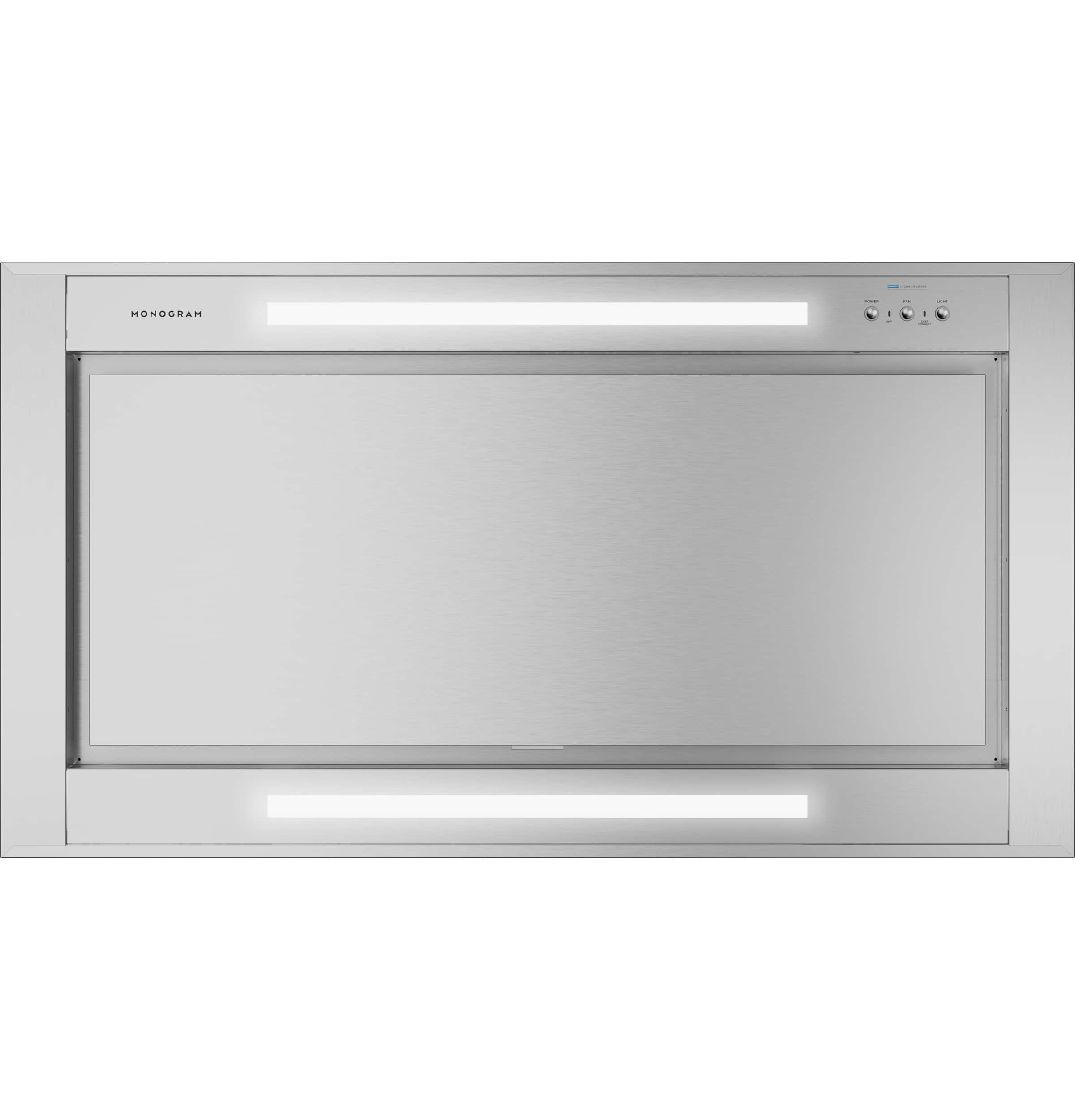 Angle. Monogram - 48" Convertible Range Hood - Stainless Steel.