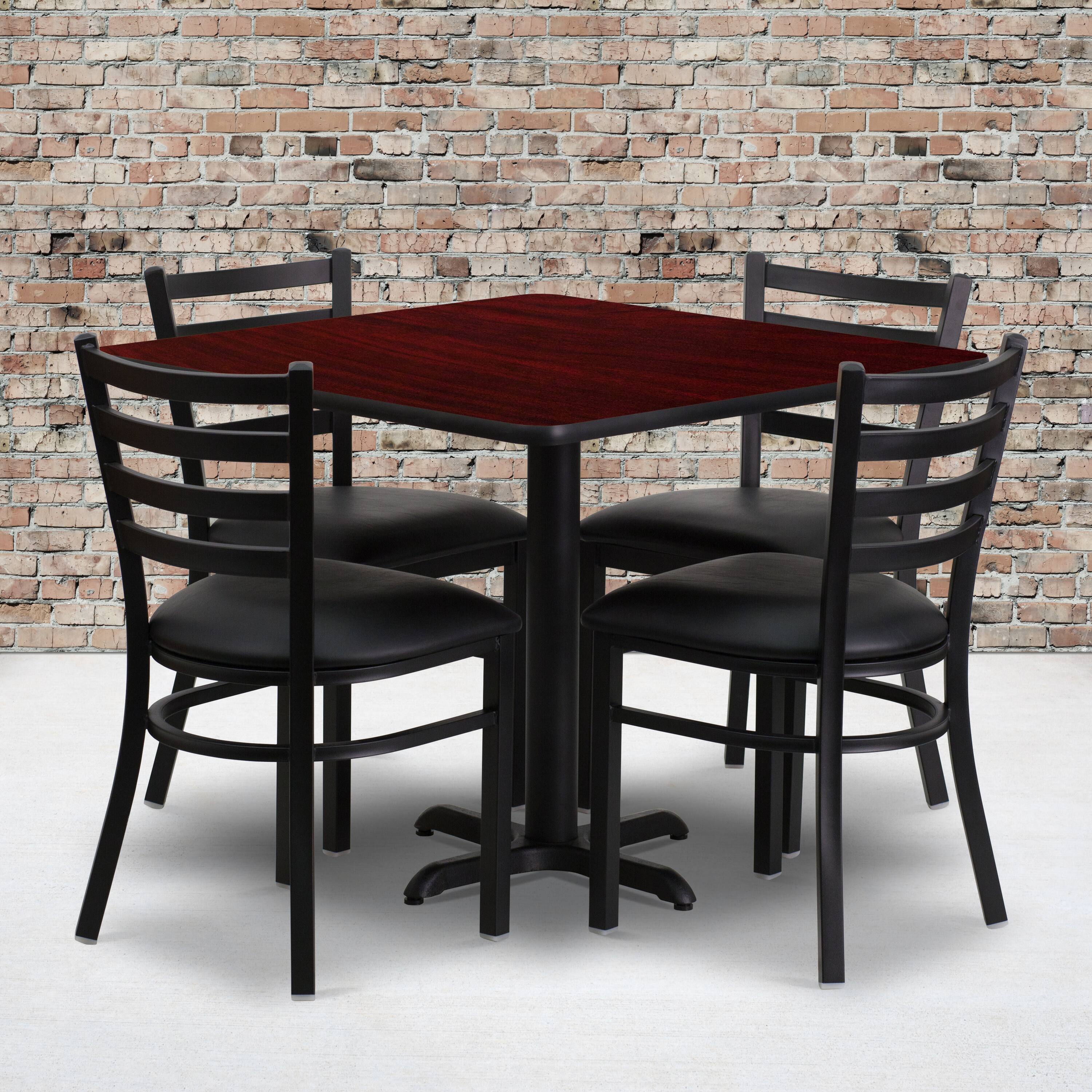 Angle. Flash Furniture - Carlton 36'' Square Mahogany Laminate Table Set with X-Base and 4 Ladder Back Metal Chairs - Black Vinyl Seat - Black.