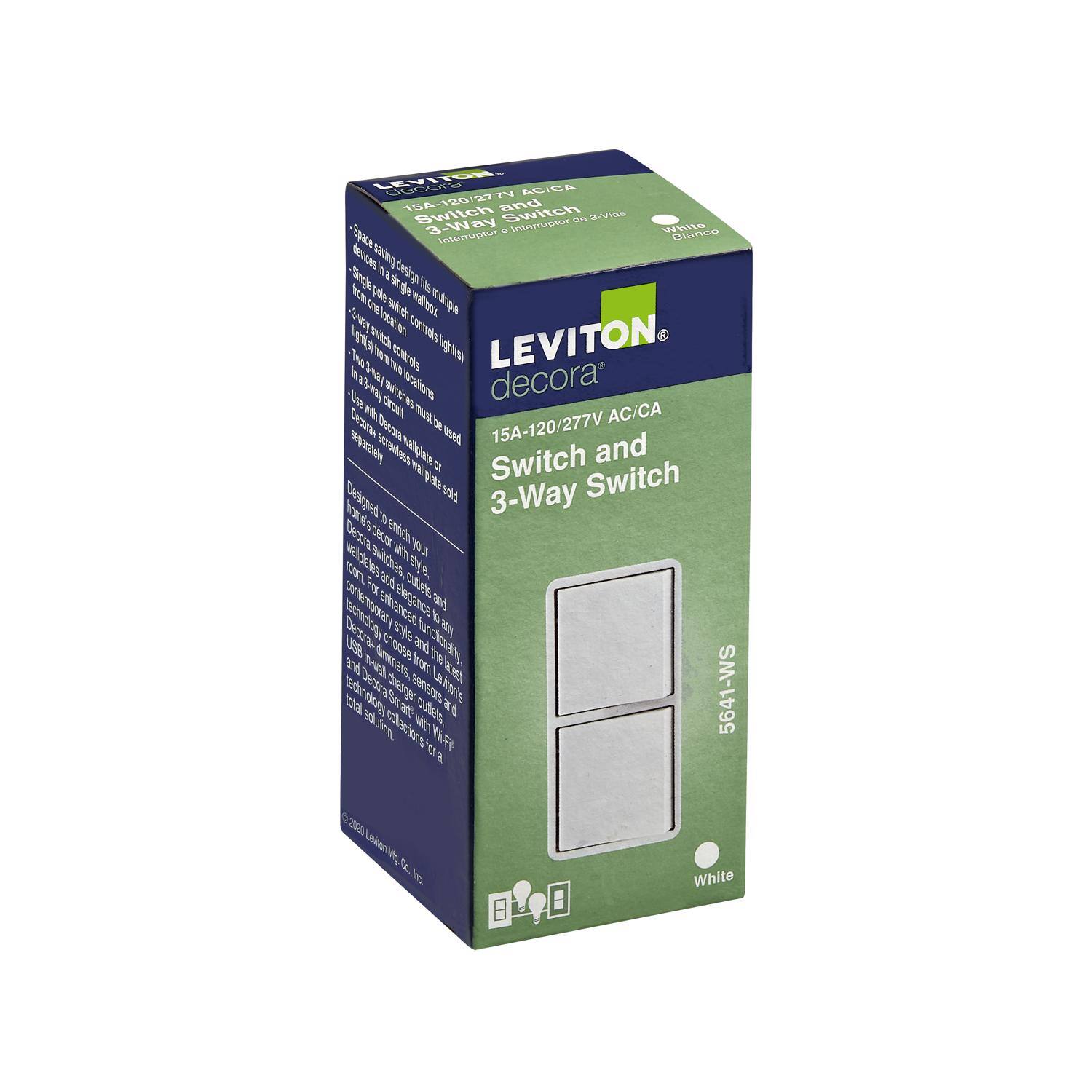 LEVIOTON decorora  
15A-120/277V AC/CA  
Switch and 3-Way Switch  
White  

5641-WS  

- Space-saving design fits multiple switches in one box.  
- Single pole or 3-way switch.  
- High-quality materials for durability.  
- 3-Way switch controls light from two locations.  
- Use with dimmers or timers.  
- Decorative switch plate or cover sold separately.  
- Designed to enrich your home with style and functionality.  

©2021 Leviton Mfg. Co., Inc.  

LEVIOTON decorora  
Switch and 3-Way Switch  
15A-120/277V AC/CA  
White  

5641-WS