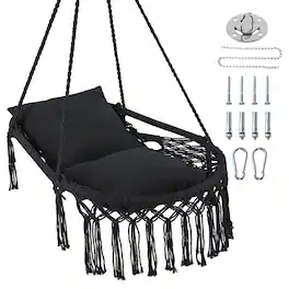 Costway - Macrame Swing Chair with 2 Removable Cushions, Enduring Polyester Cotton Ropes - Black