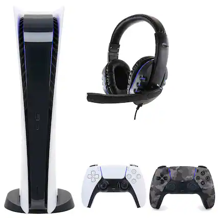 Front. Sony - PS5 Digital Console with Extra Gray Camo Dualsense Controller and Universal Headset - White.