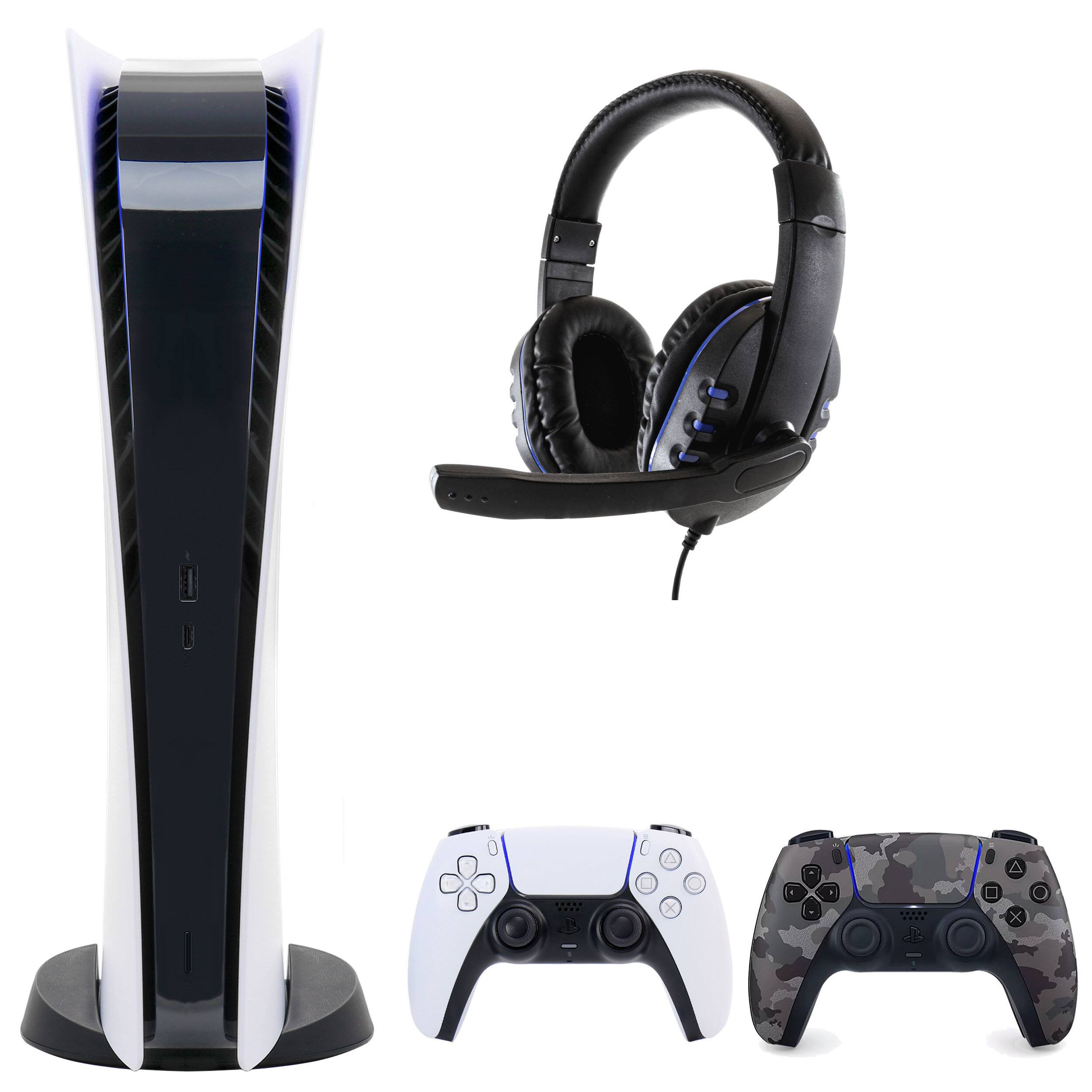 Front. Sony - PS5 Digital Console with Extra Gray Camo Dualsense Controller and Universal Headset - White.