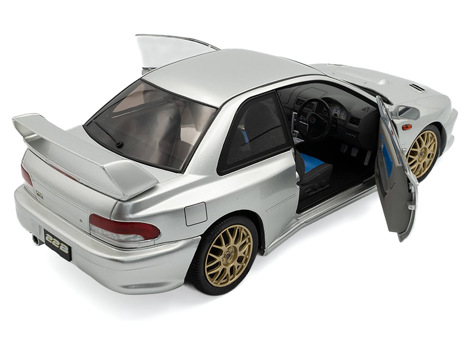 Alt View 1. Solido - 1998 Subaru Impreza 22B RHD (Right Hand Drive) Silver Metallic with Gold Wheels 1/18 Diecast Model Car by Solido - Silver Metallic with Gold.