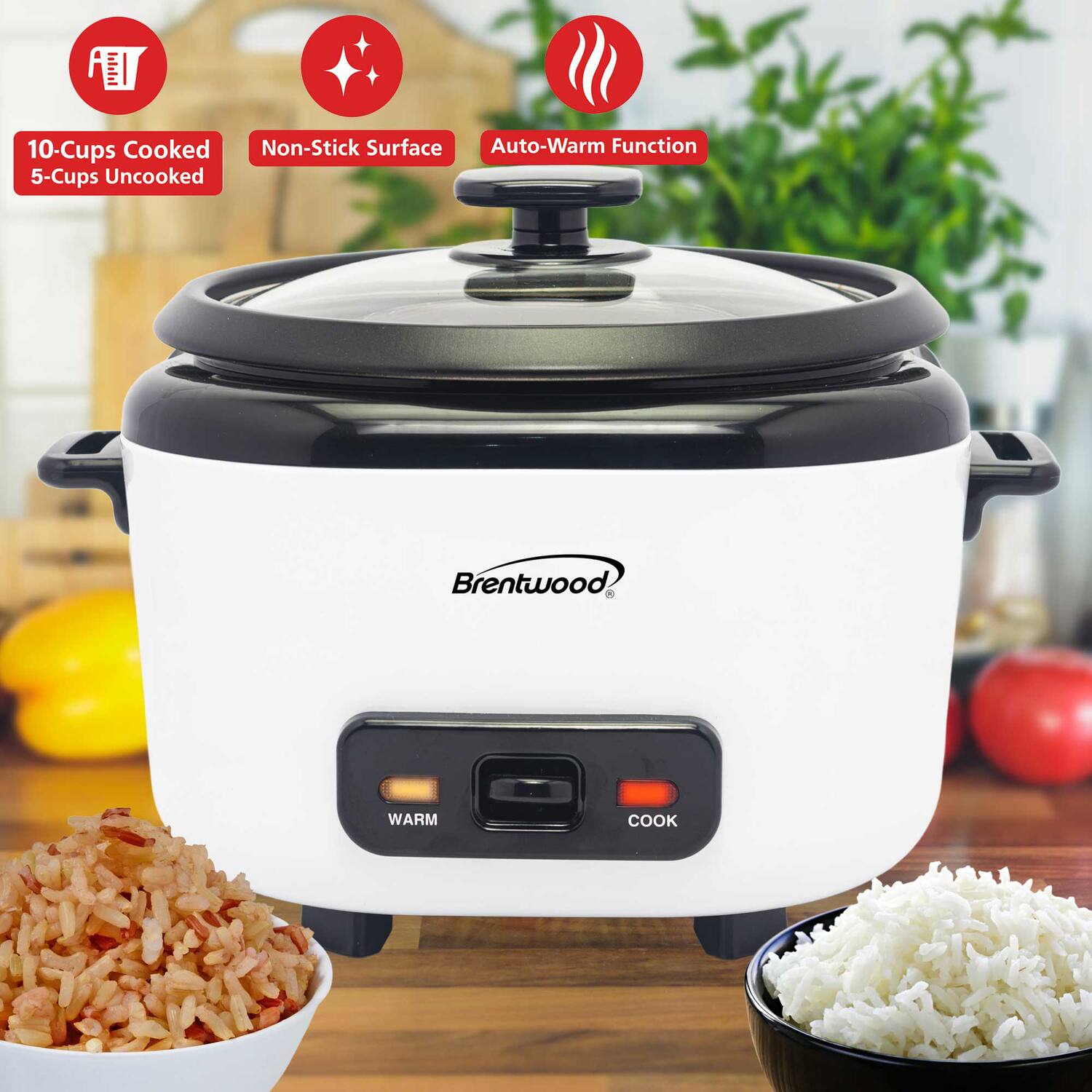 - 10-Cups Cooked
- 5-Cups Uncooked
- Non-Stick Surface
- Auto-Warm Function
- Brentwood
