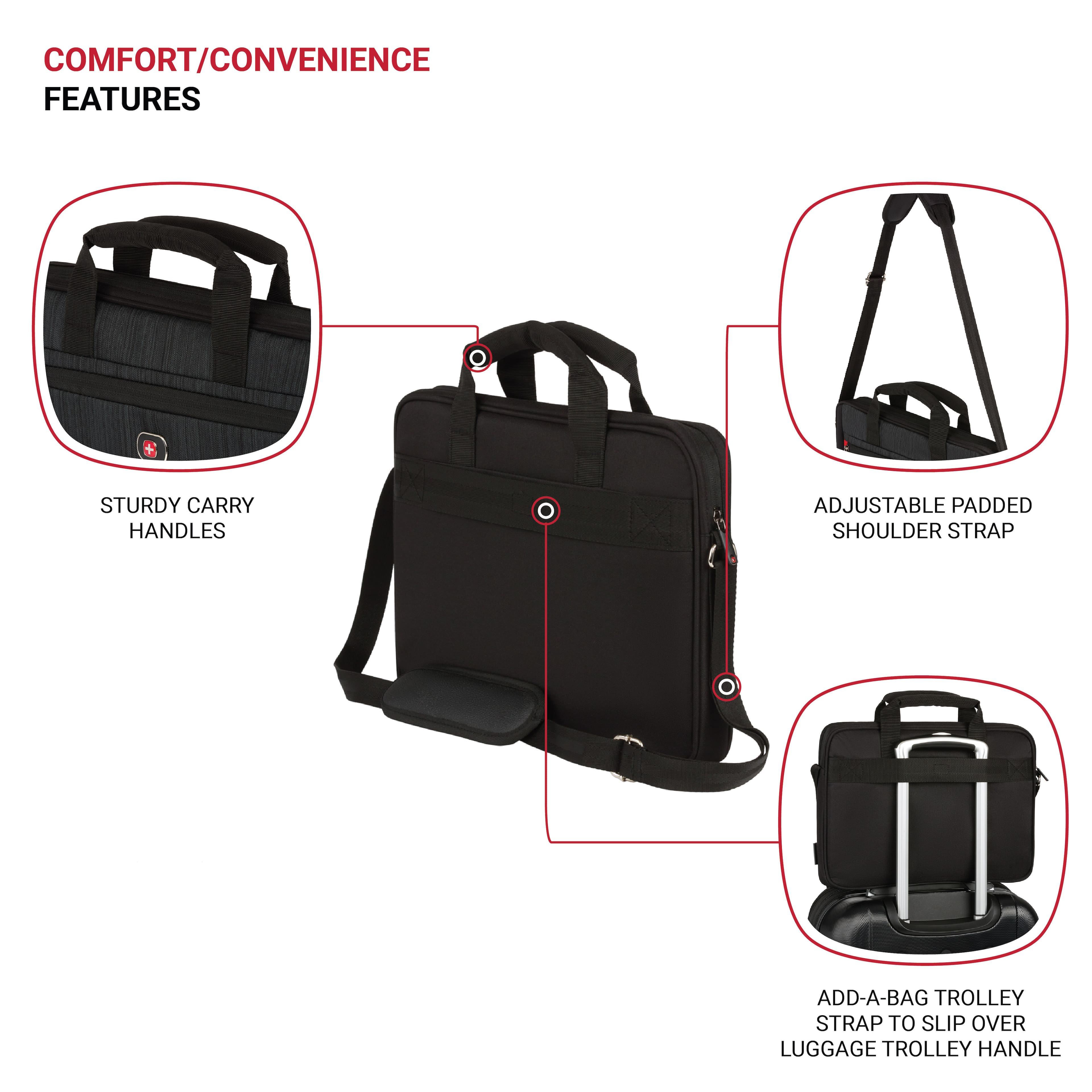 The image features a black bag with a strap, which is described as having various comfort and convenience features. These features include sturdy carry handles, adjustable padded shoulder straps, and an add-a-bag trolley strap to slip over luggage. The bag is also shown with a trolley handle, indicating that it can be easily maneuvered with a trolley.