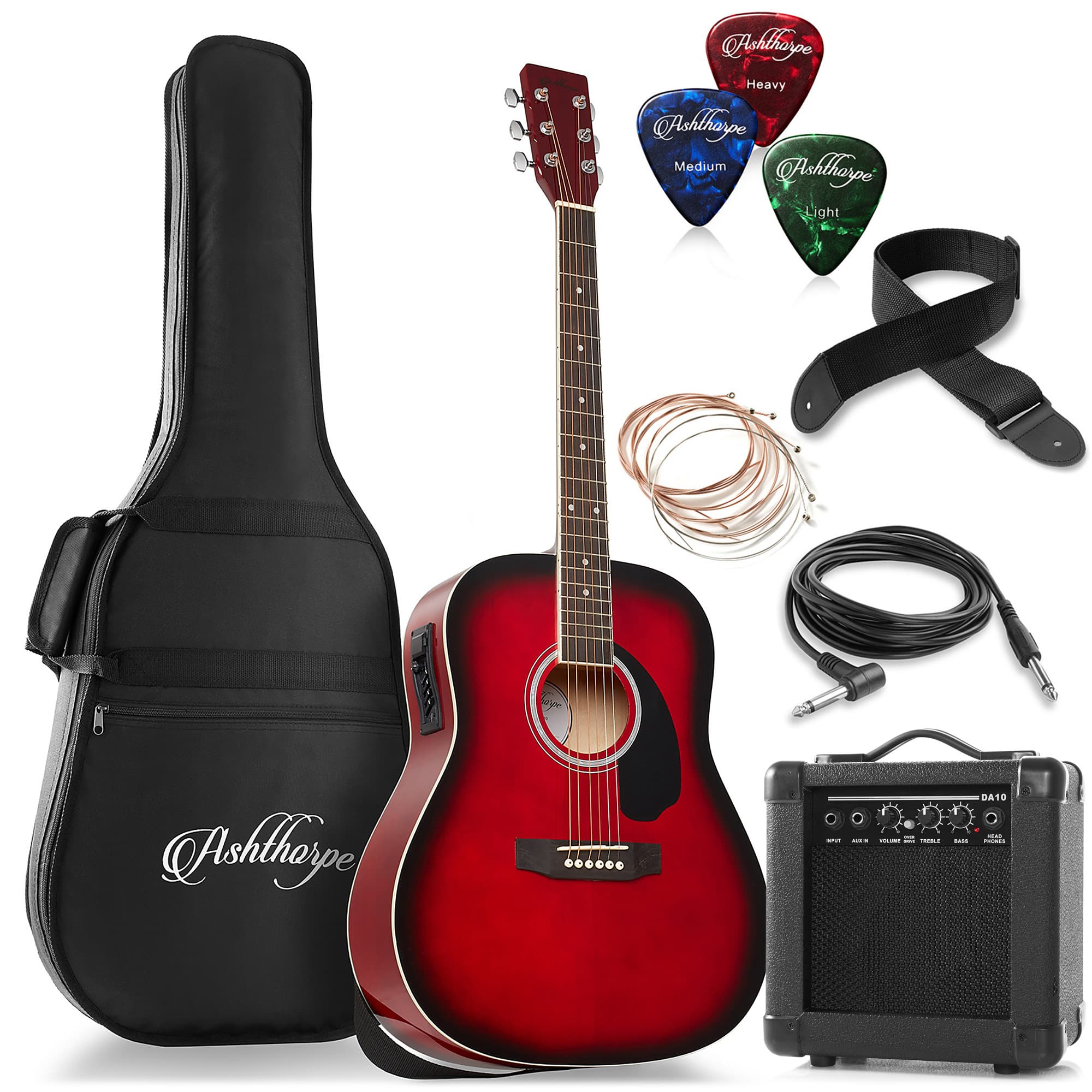 Ashthorpe - 41-in Dreadnought Acoustic Electric Guitar with 10 Watt Amp - Red