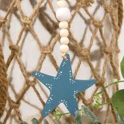 Angle. BreeBe - Wooden Beaded Starfish Ornament - Teal, White.