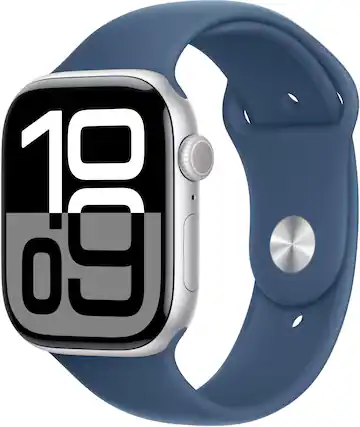 Angle. Apple - Apple Watch Series 10 (GPS+Cellular) 46mm Aluminum Case with Denim Sport Band - M/L - Silver.
