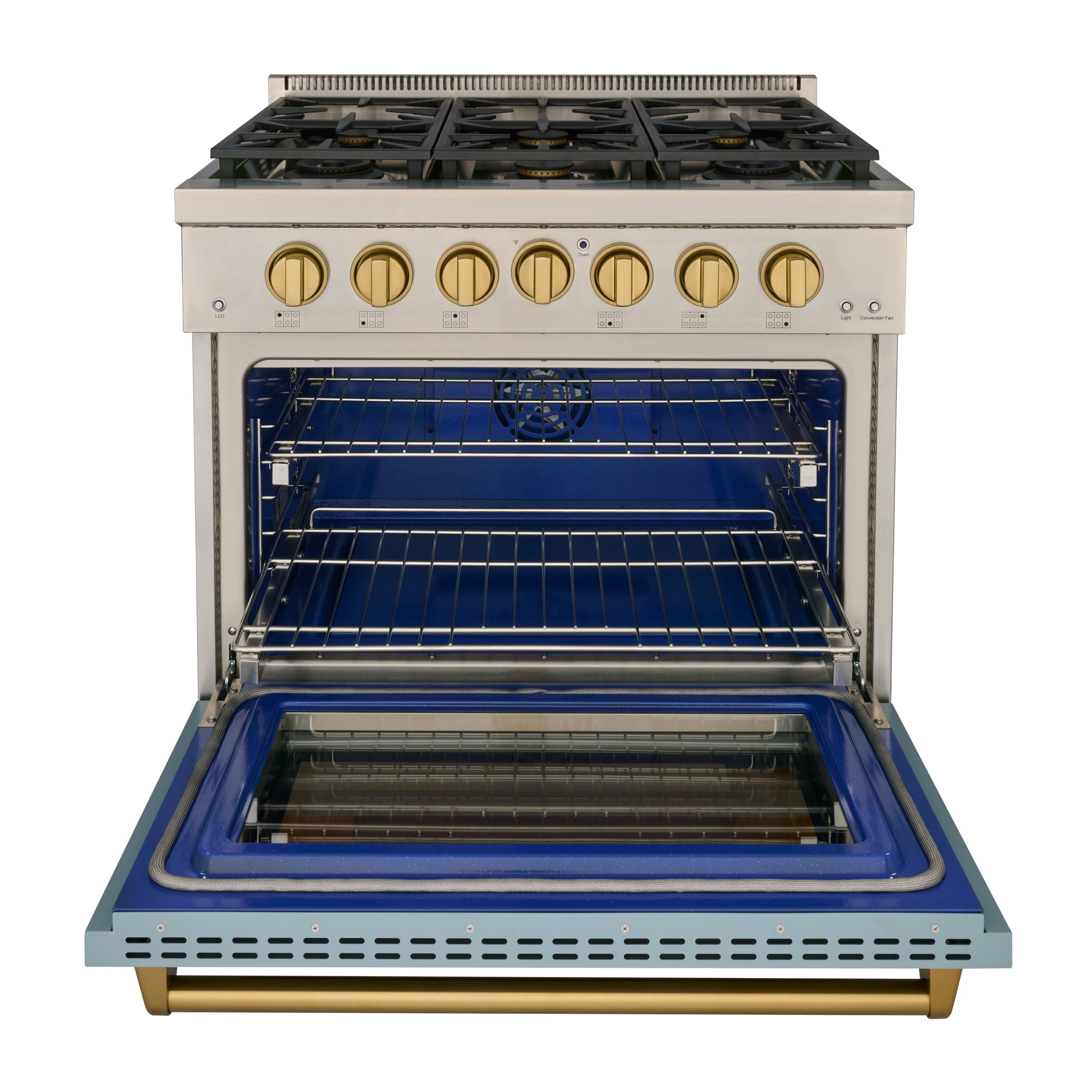 Alt View 1. Kucht - 36 in. 5.2 cu. ft. Natural Gas Range and Convection Oven in Light Blue with gold knobs True Simmer Burners - Light Blue.