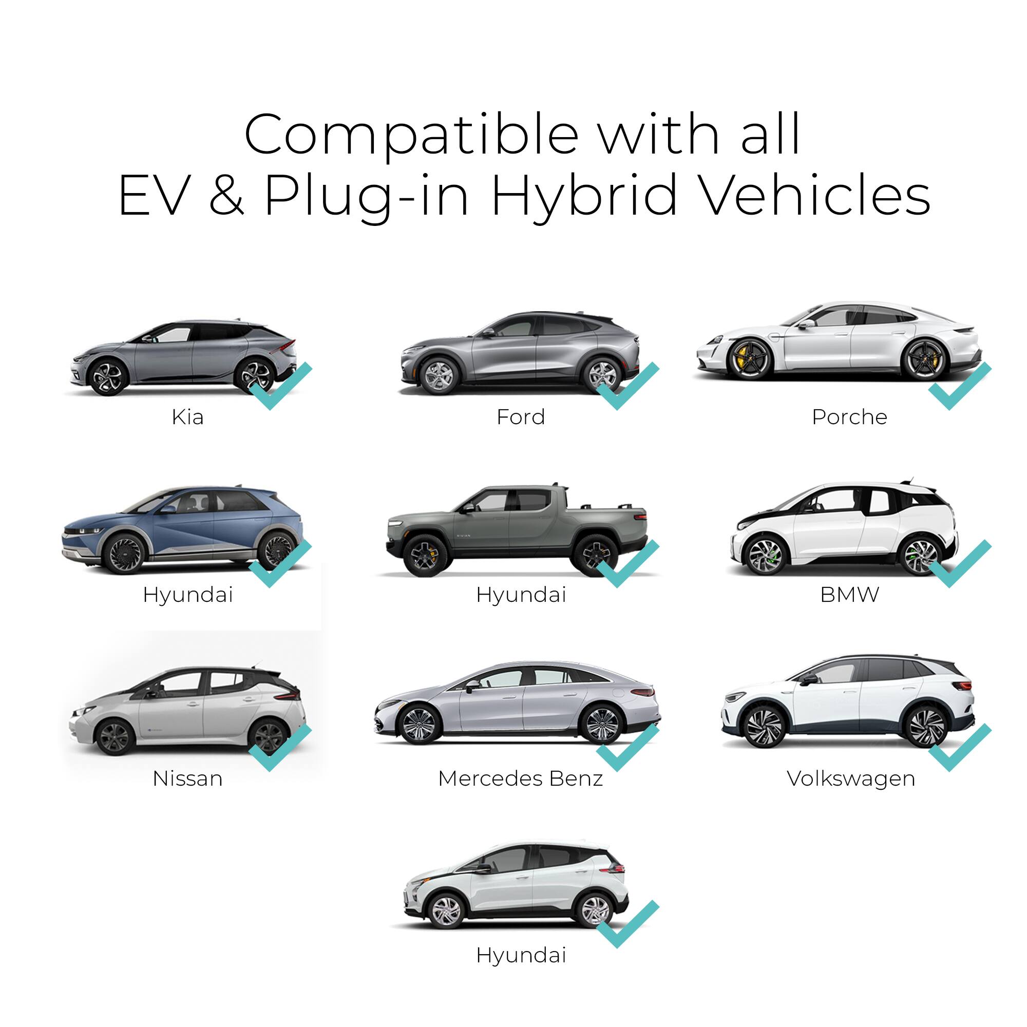 Compatible with all EV & Plug-in Hybrid Vehicles: Kia, Ford, Porsche, Hyundai, Hyundai, BMW, Nissan, Mercedes-Benz, Volkswagen, Hyundai.