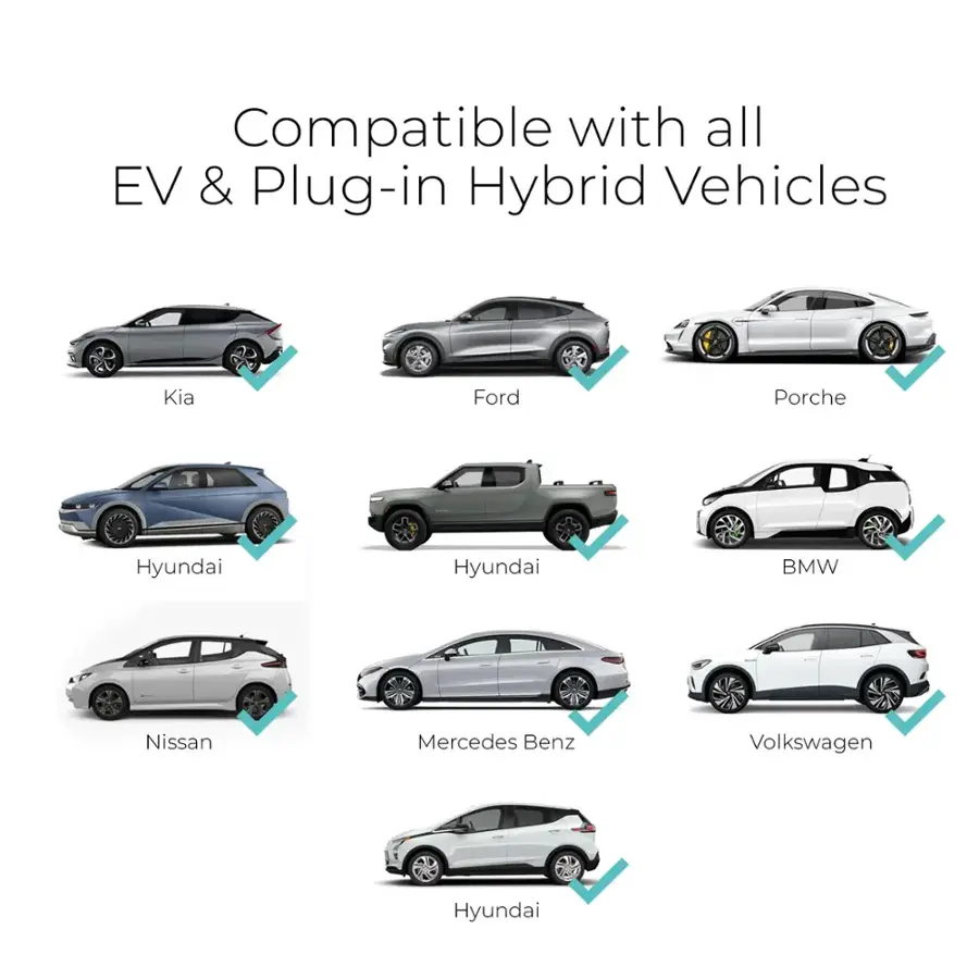 Compatible with all EV & Plug-in Hybrid Vehicles: Kia, Ford, Porsche, Hyundai, Hyundai, BMW, Nissan, Mercedes Benz, Volkswagen, Hyundai.