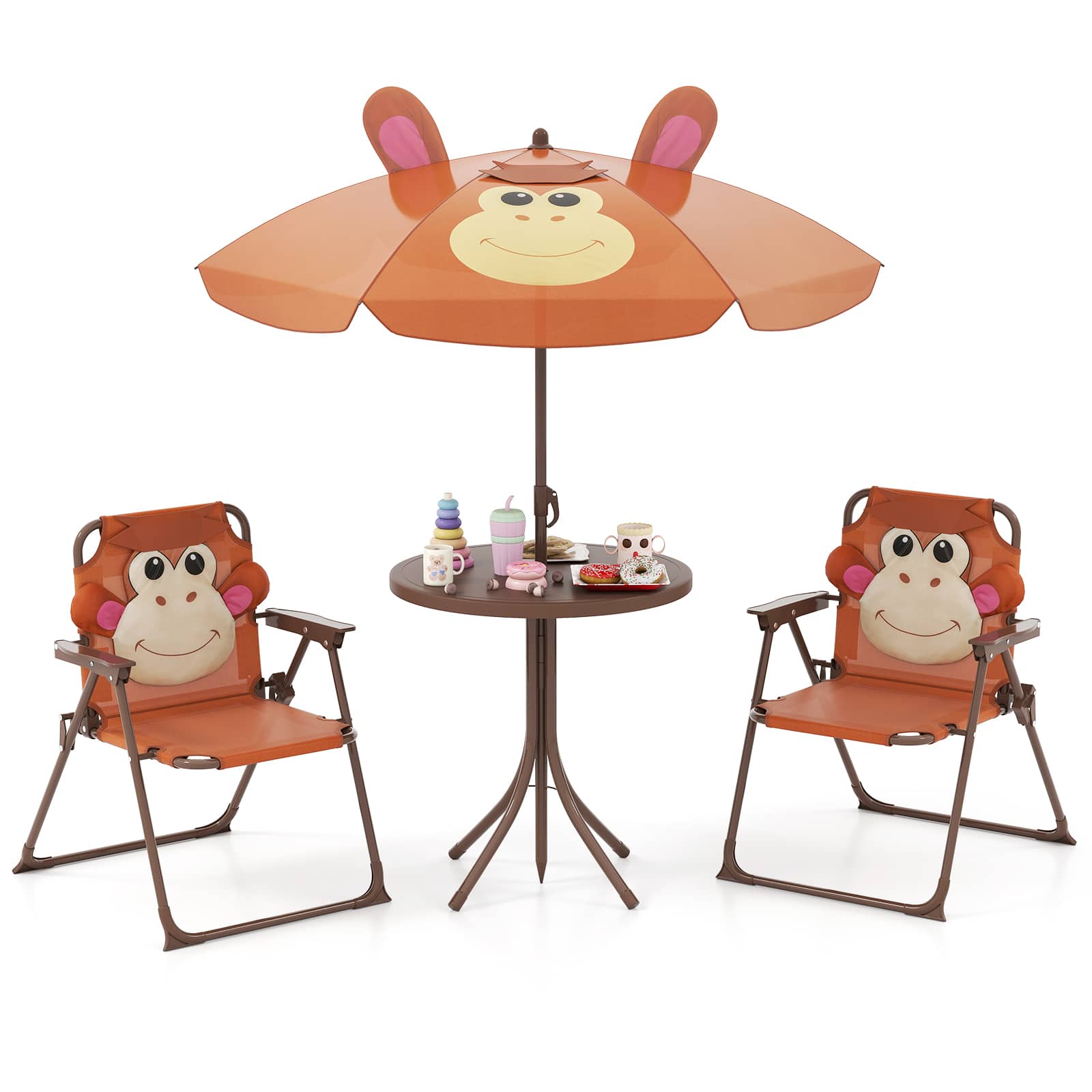 Costway - Kids Picnic Table & Chair Set with 2 Folding Chairs & Height Adjustable Umbrella - Brown