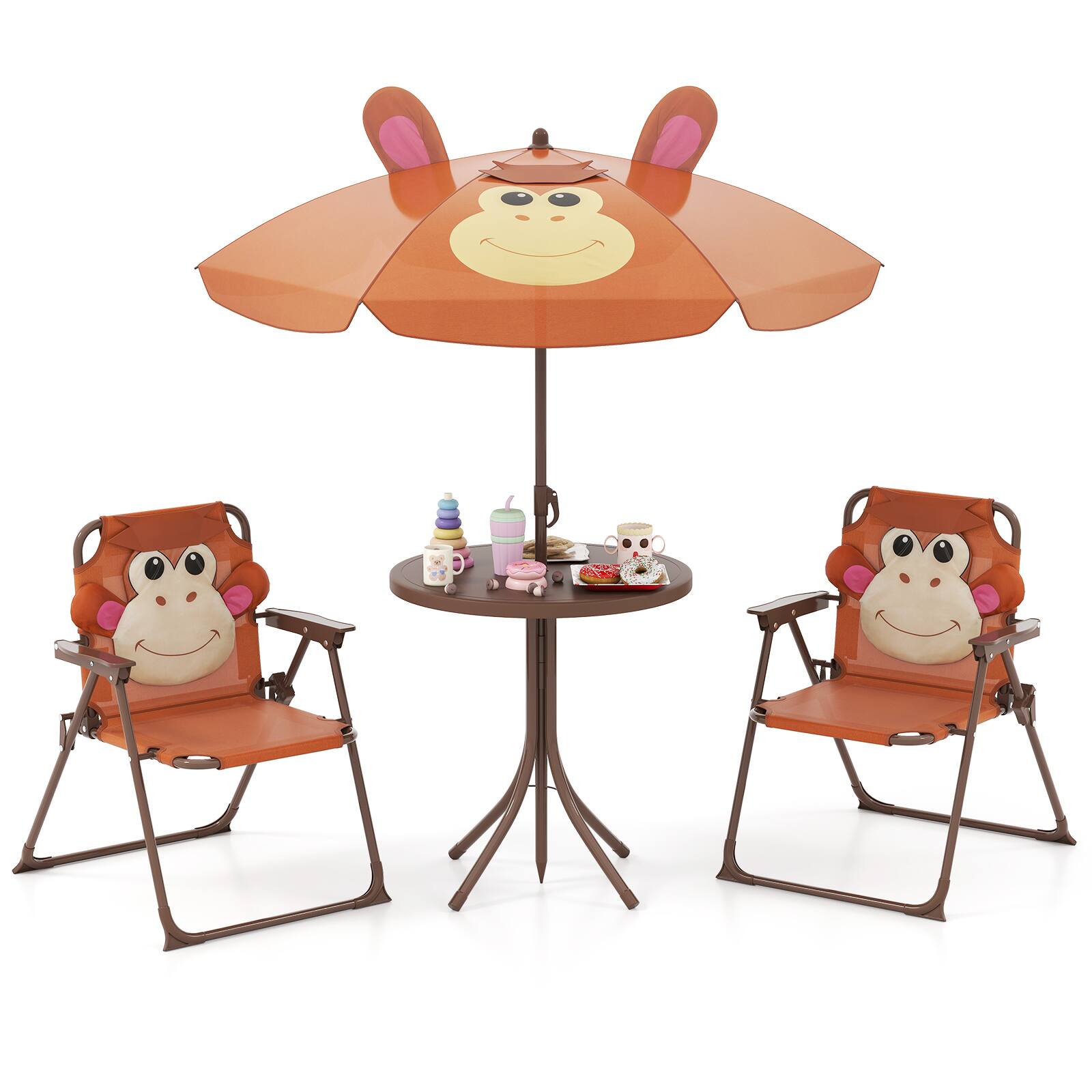 Front. Costway - Costway Kids Picnic Table & Chair Set with 2 Folding Chairs & Height Adjustable Umbrella - Brown.